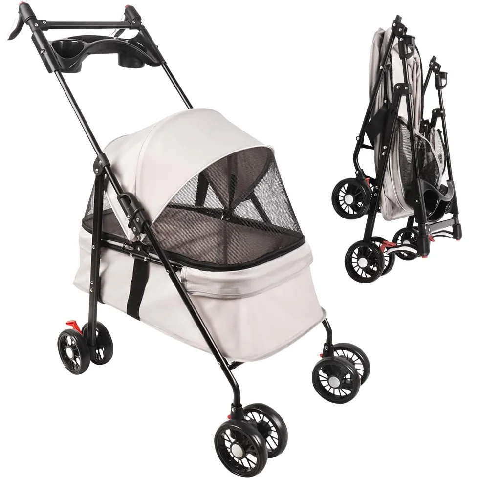 Poussette de voyage pliable pour chiens et chats avec roues, porte-gobelet, auvent réglable, grand panier