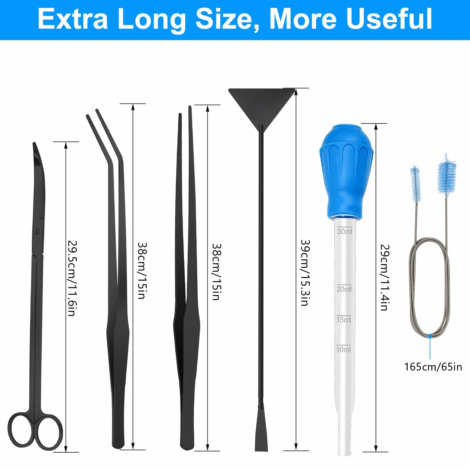 Kit d'aquarium extra long 38 cm 6 en 1 acier inoxydable outil aquascaping pince épiler ciseaux spatule nettoyage