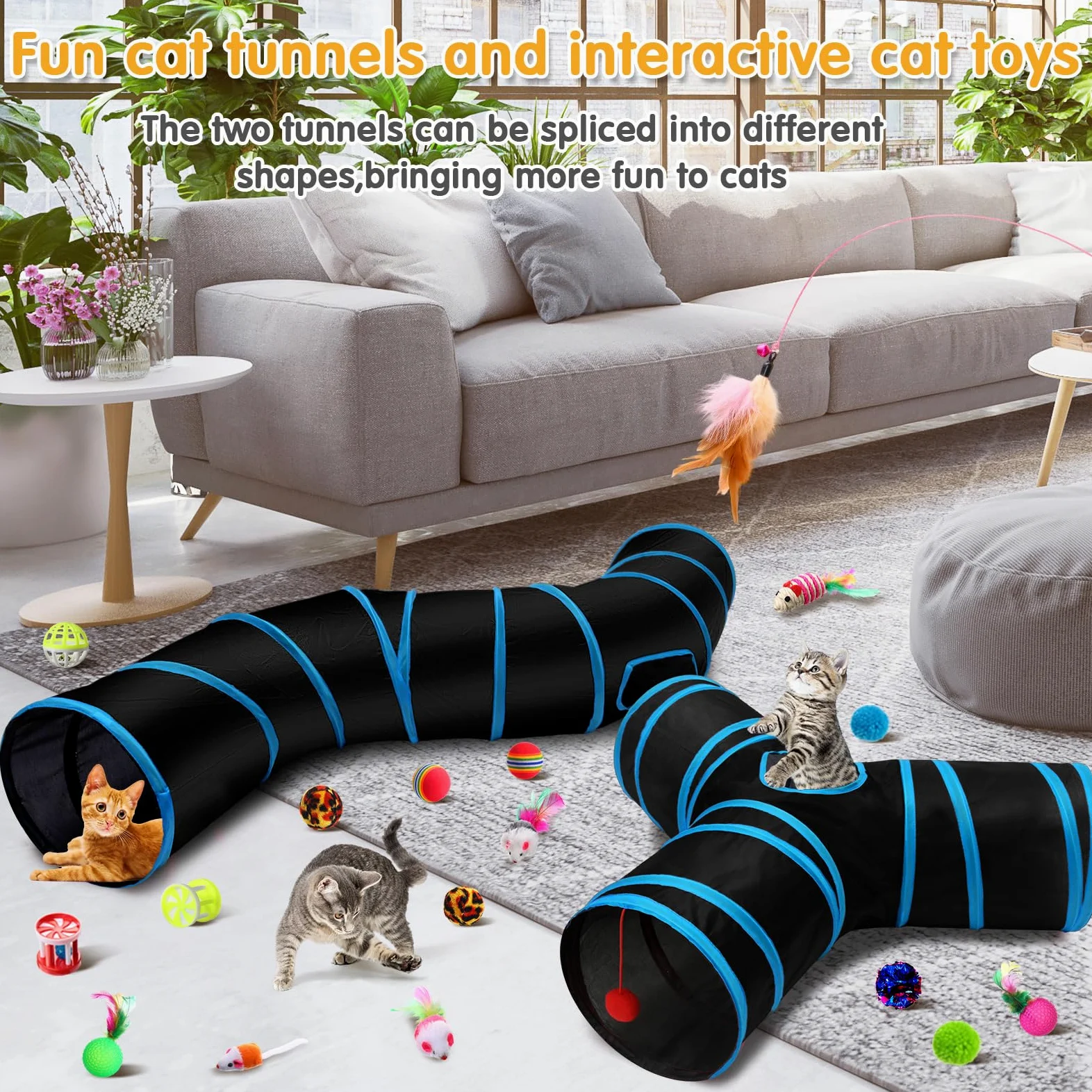 Poen Lot de 22 jouets pour chat avec 2 tunnels pliables et 20 jouets interactifs en plumes pour chat, souris moelleuse, balles froissées, pour chat, chaton et chiot (bleu, noir)