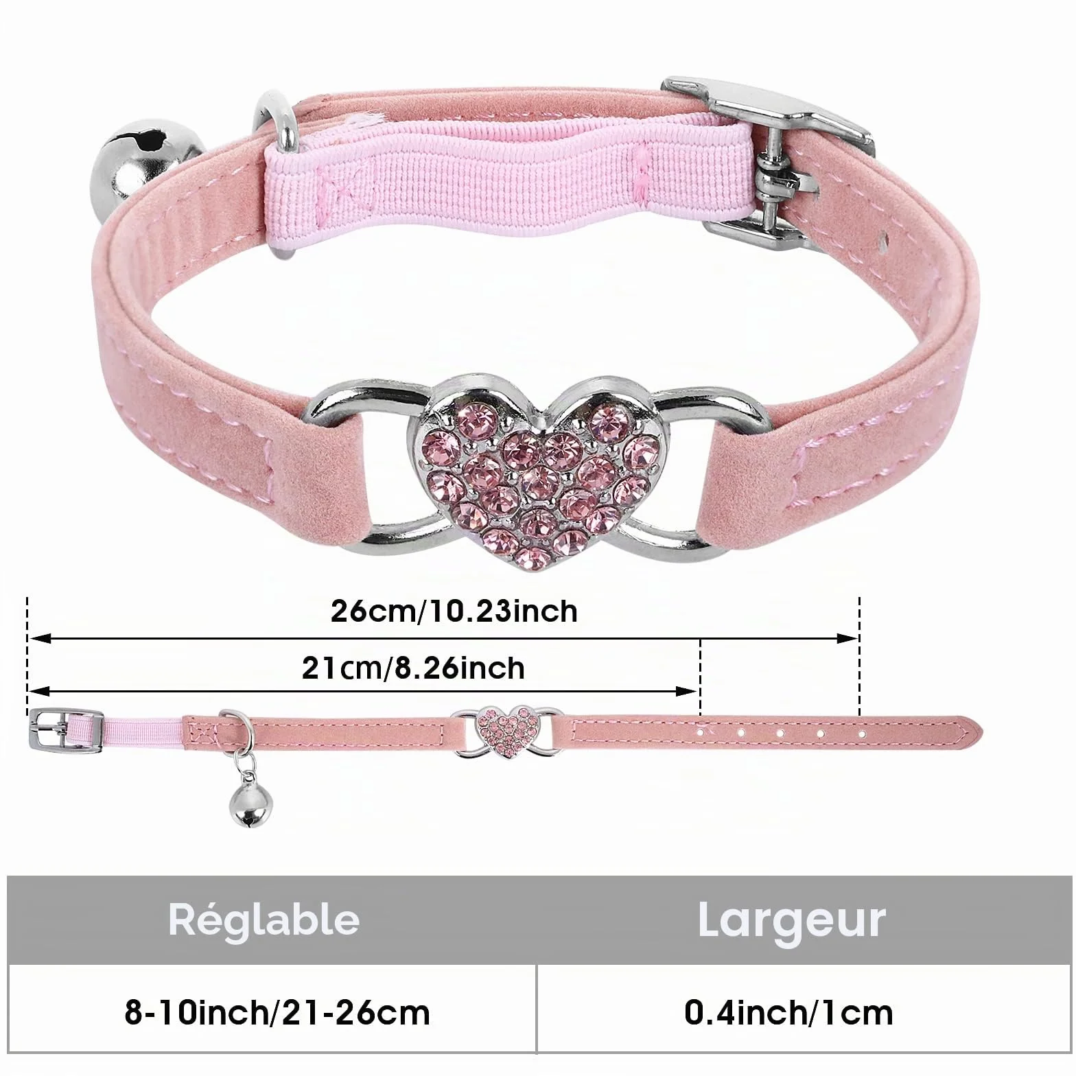 Collier de chat en forme de cœur avec clochette réglable, collier strass pour petit chien chat rose