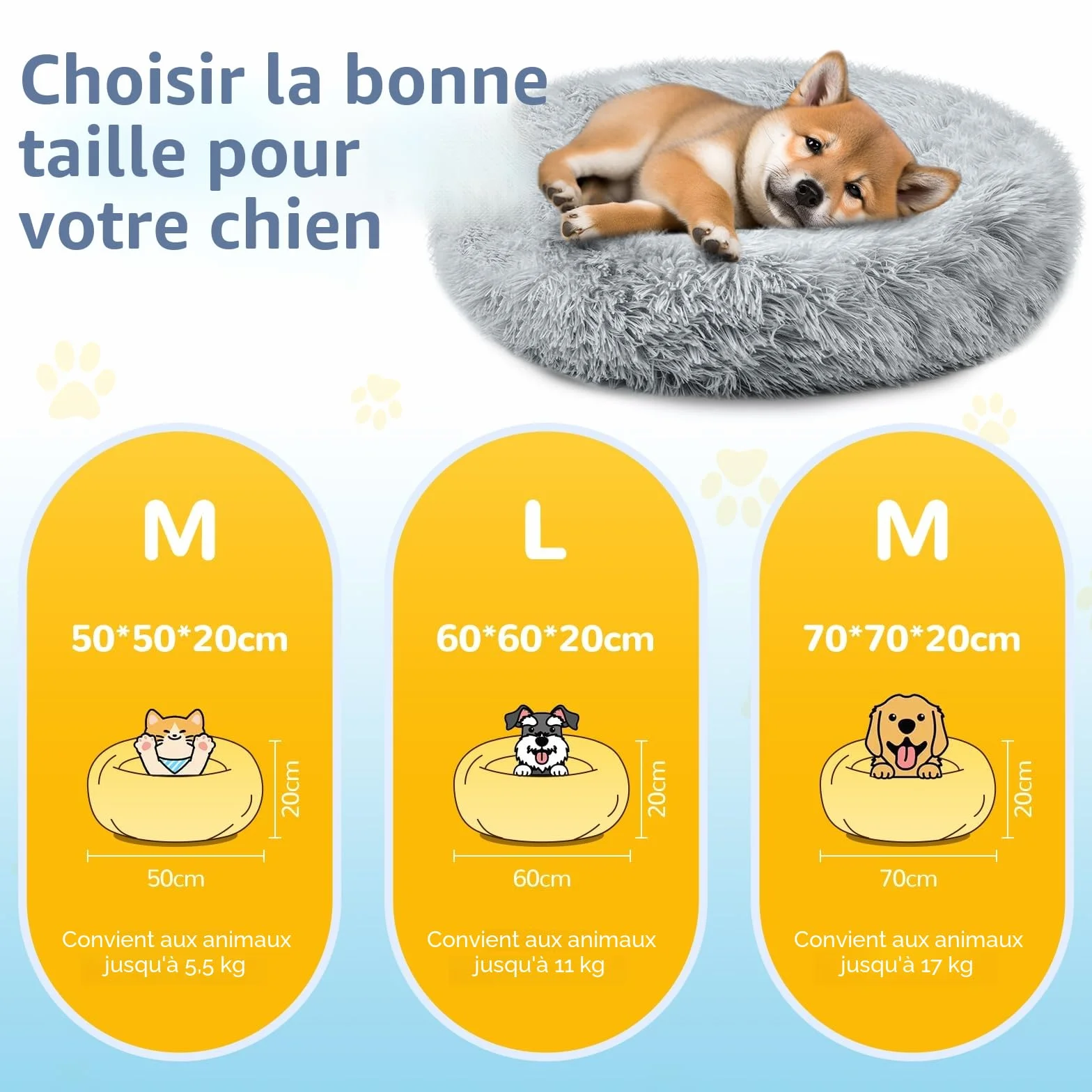 Lit pour chien moelleux rond en forme de donut, lavable avec fond antidérapant, 70 cm, gris