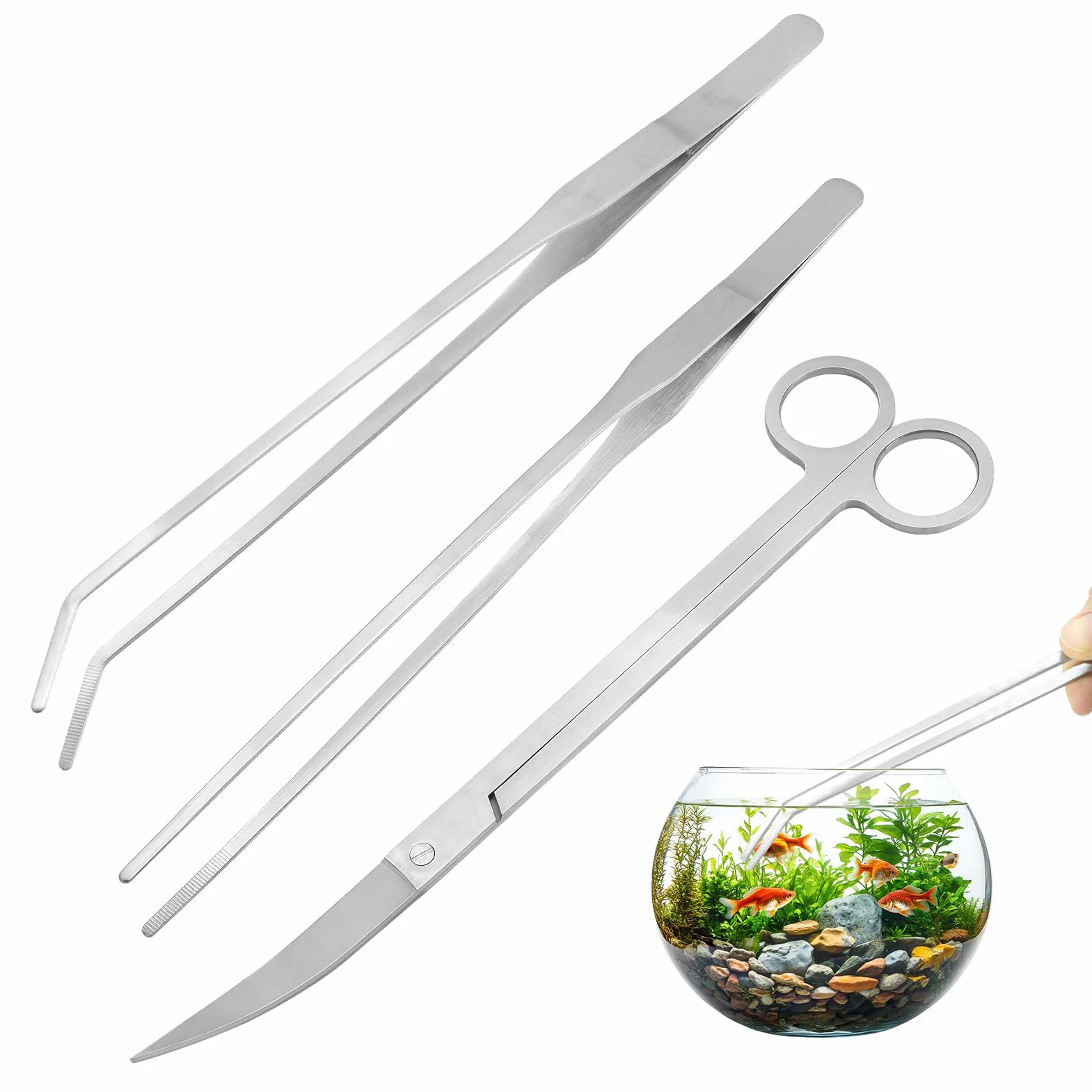 Kit Outils Aquarium Acier Inoxydable 3 Pièces Pince Droite Pince Courbe Ciseaux Aquascaping Entretien Plantes Aquatiques
