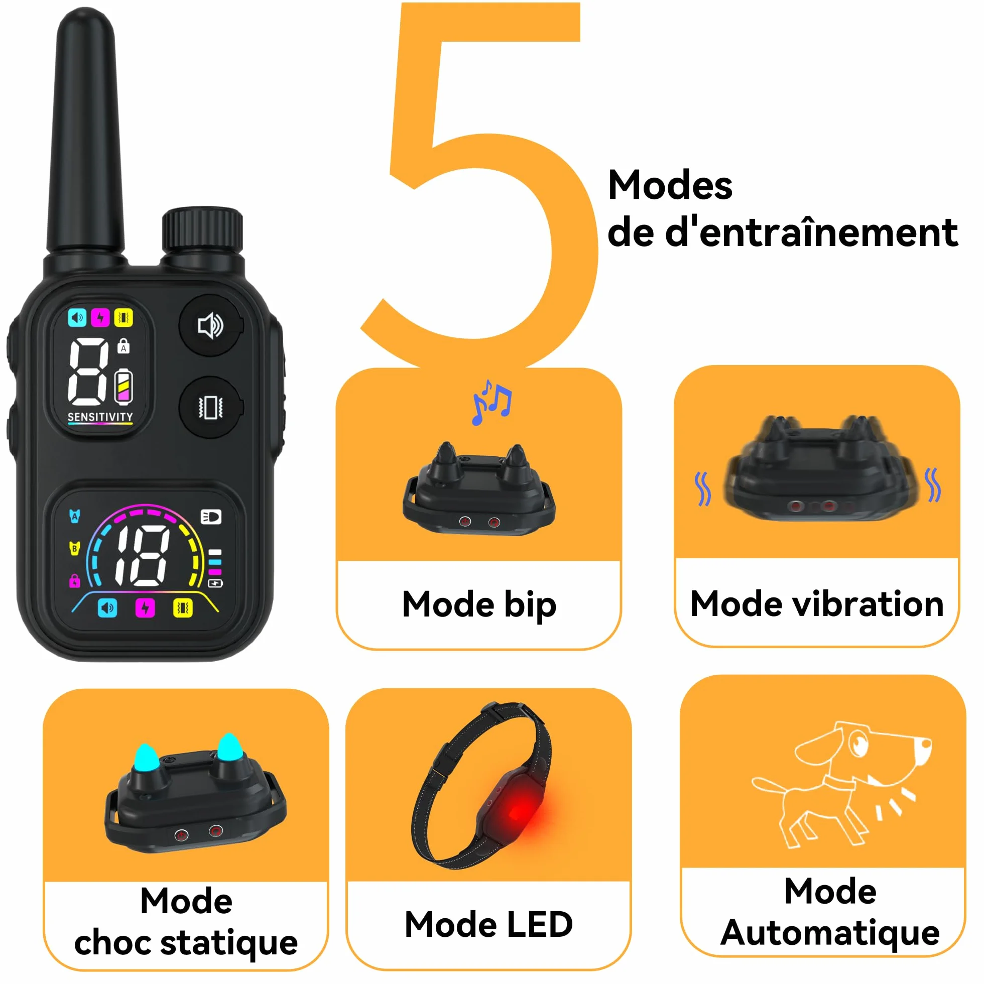 Meloive Collier de Dressage Anti Aboiement 3 en 1 LED, Portée 3800m, Modes Lumière/Son/Vibration/Choc Statique