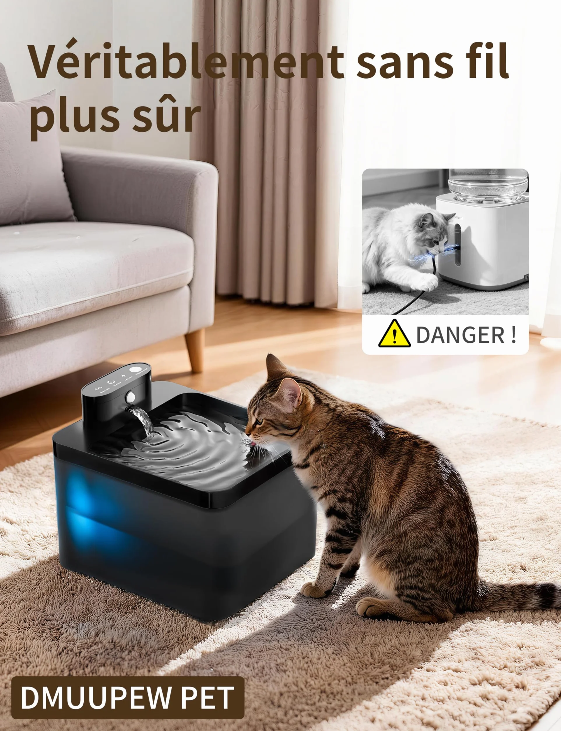 Fontaine à Eau pour Chat sans Fil 2.2L Filtration Multiple résistante aux éclaboussures
