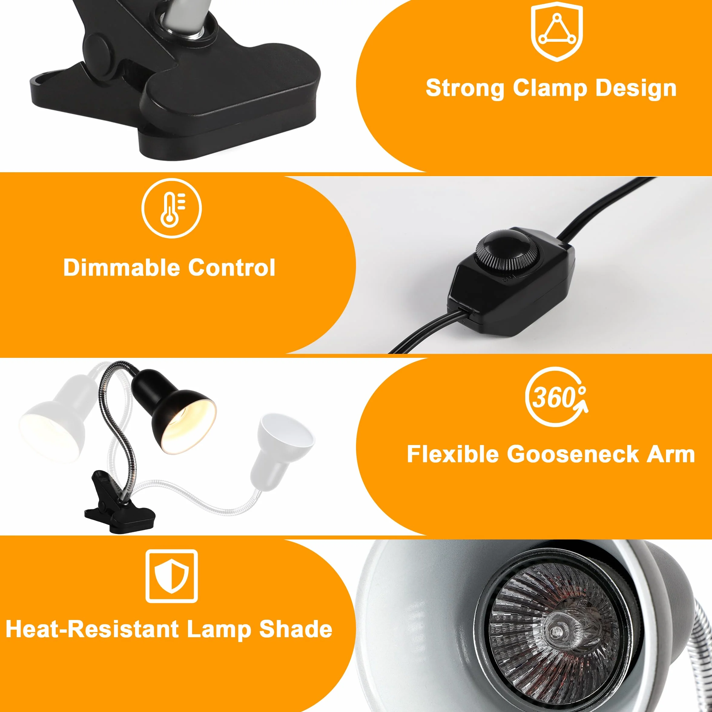 Lampe Chauffante UV Tortue Terrestre UVA UVB 2×50W 1×25W Pince Pivotante 360° Col de Cygne Flexible