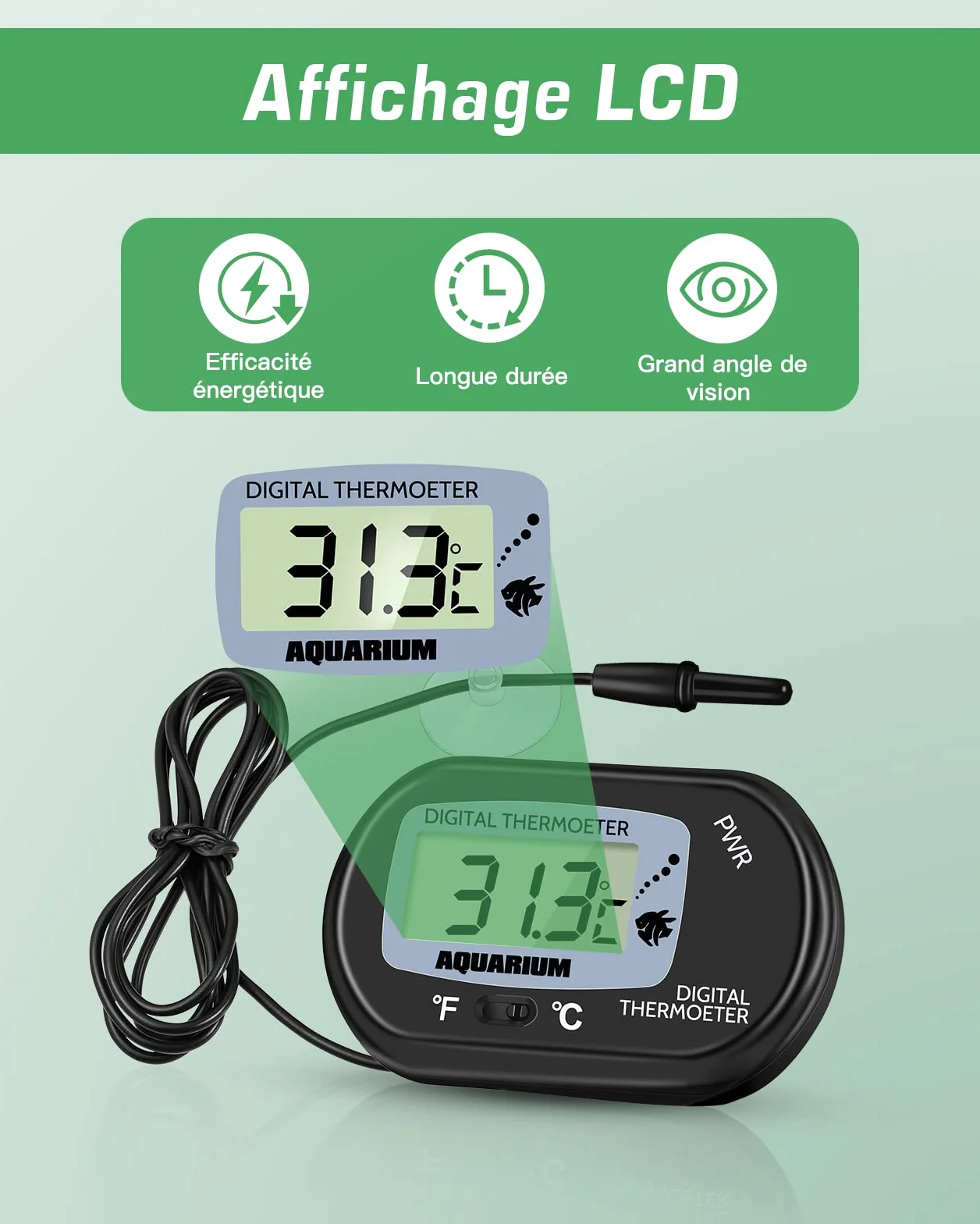 Zacro Thermomètre LCD Digital Aquarium avec Ventouse Sonde Immersion