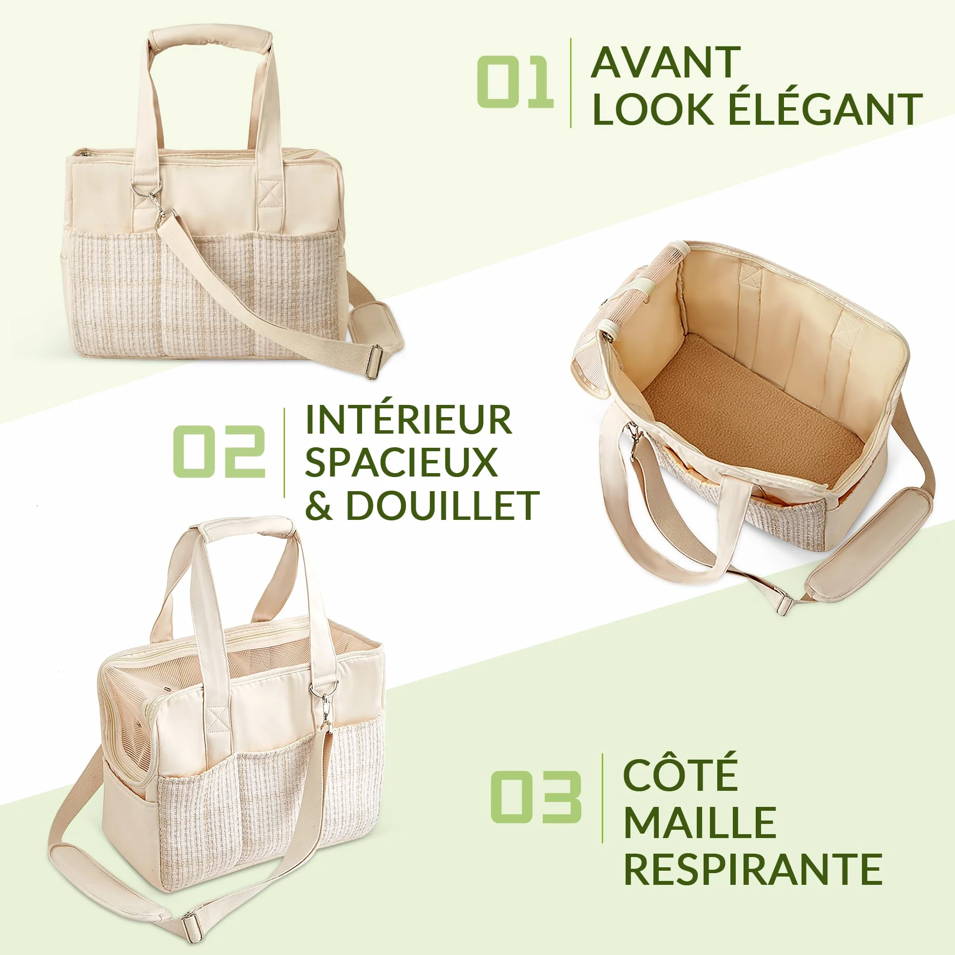 ALLSOPETS Sac de Transport pour Petit Chien et Chat, Sac Bandoulière Pliable avec Poches, Laisse de Sécurité et Coussin Amovible (Beige)