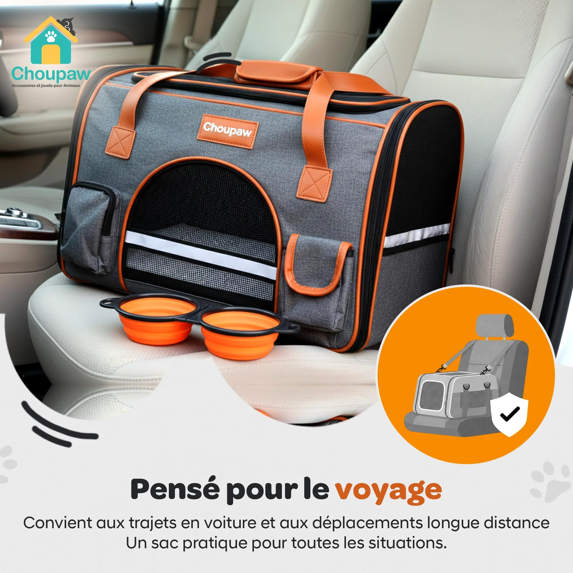 Choupaw Sac de Transport Chien et Chat 45 x 28 x 25 cm, Sac de Transport Cabine Avion Semi-Rigide avec Coussin Réversible Été/Hiver, Laisse Intérieure, Bandoulière Réglable et Bol Pliable Inclus