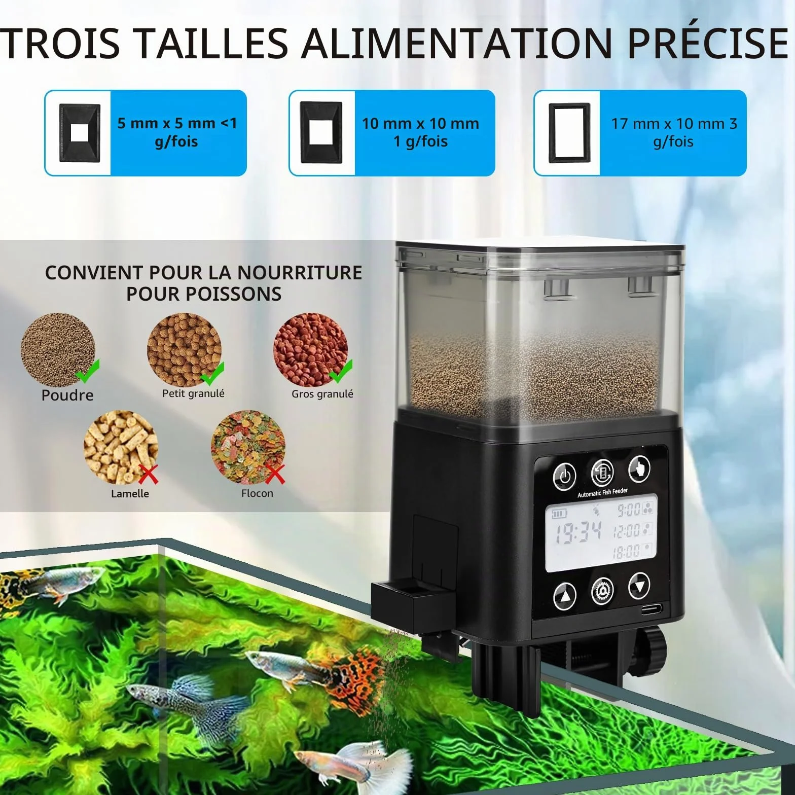 Mangeoire Automatique pour Poissons Minuteur Rechargeable avec écran LCD 320ml Anti-humidité
