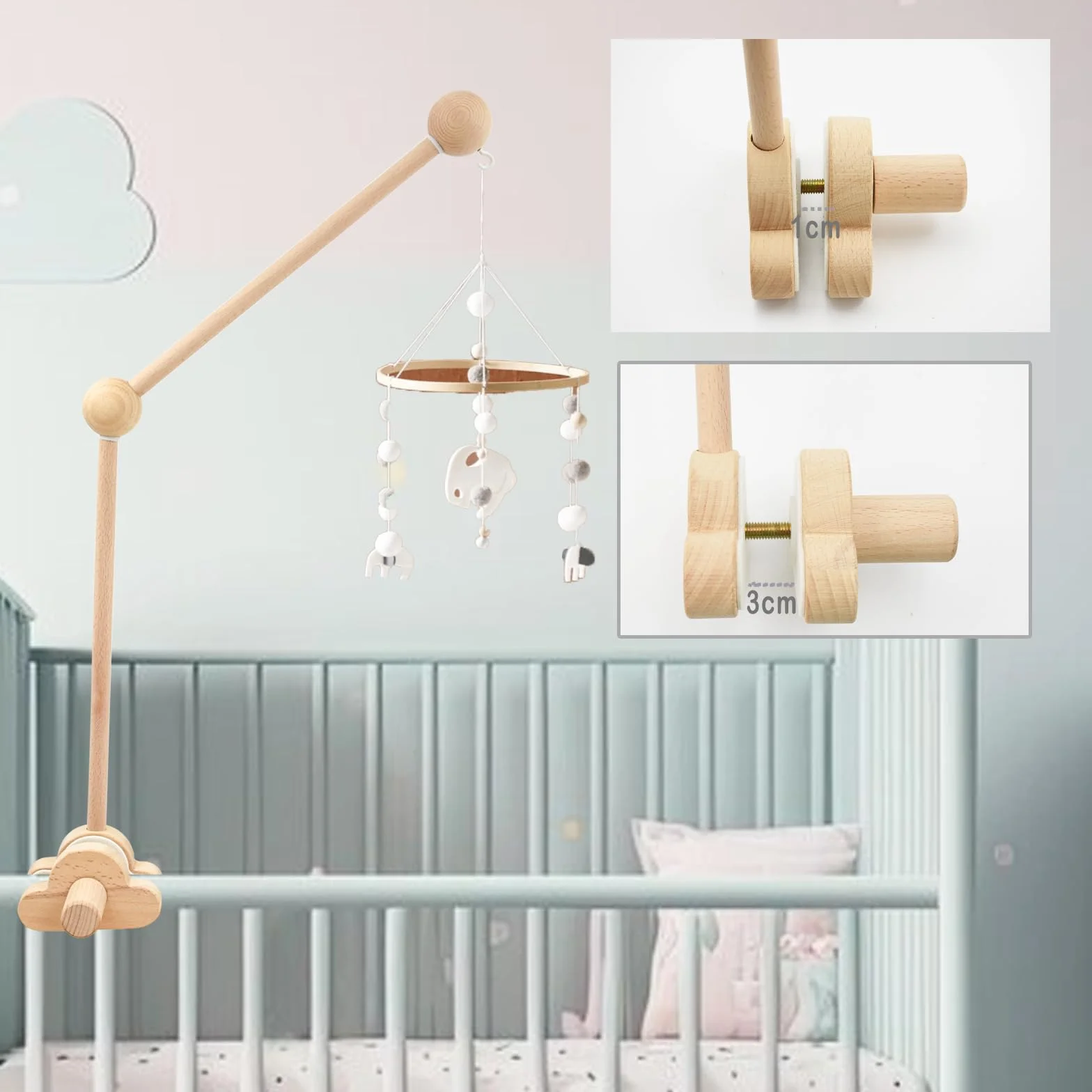 Mobile bébé en bois Aolkee, amovible réglable, suspension berceau, jouet pare-brise, brun