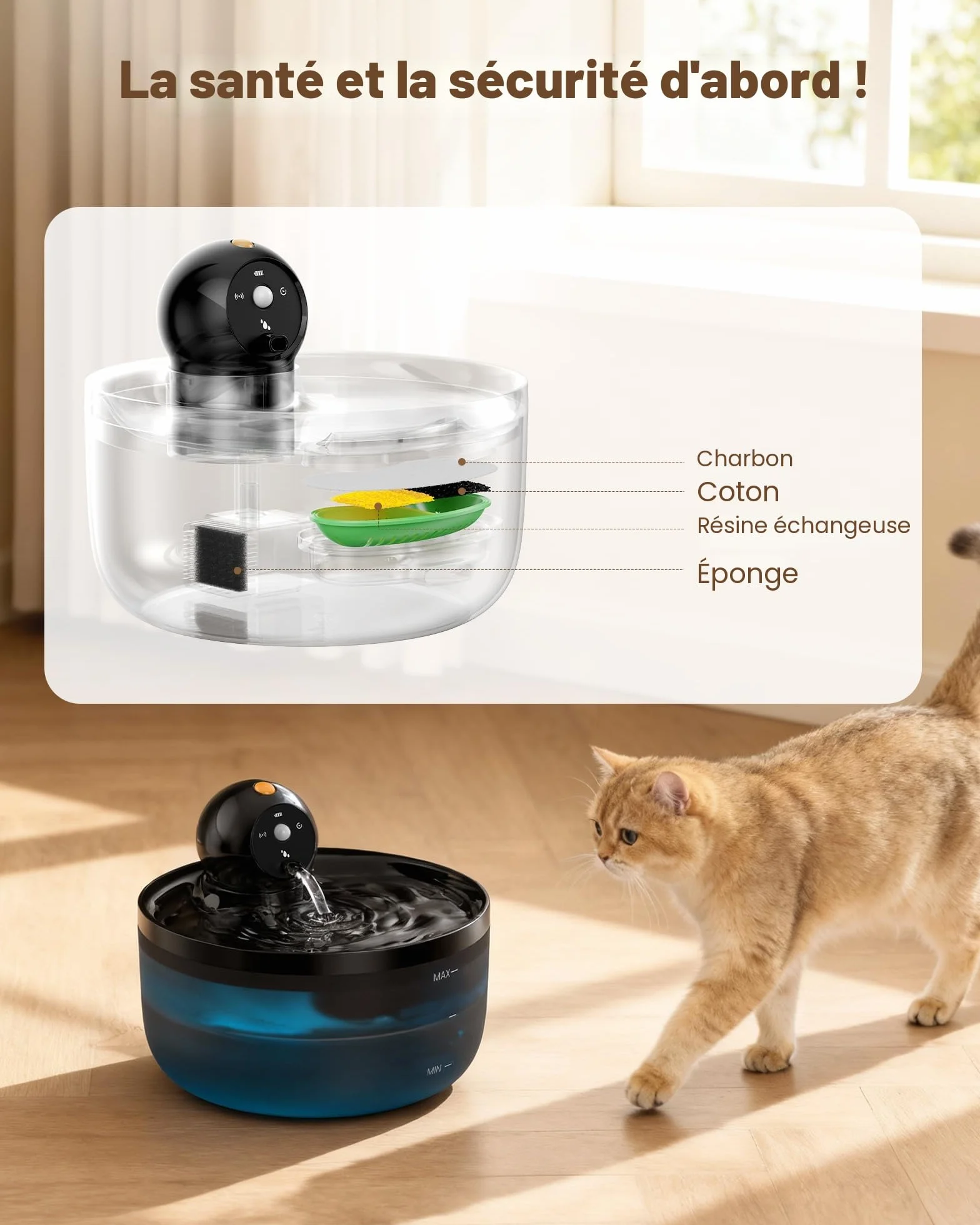 Fontaine à Eau pour Chat sans Fil 2,6L avec Détecteur de Mouvement et Batterie Rechargeable Silencieux
