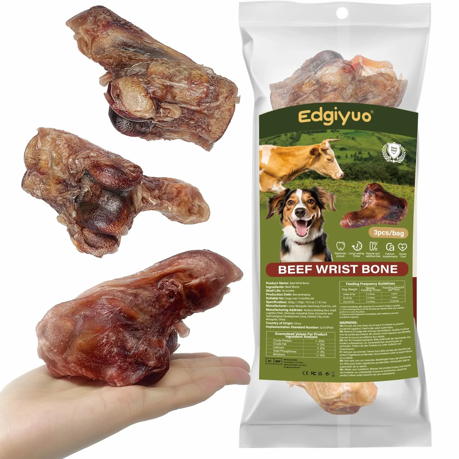 Os de Poignet de Vache pour Chien - Jouet à mâcher à Base de rotule de bœuf, friandises Longue durée pour mâcheurs agressifs, Petits et Grands Chiens