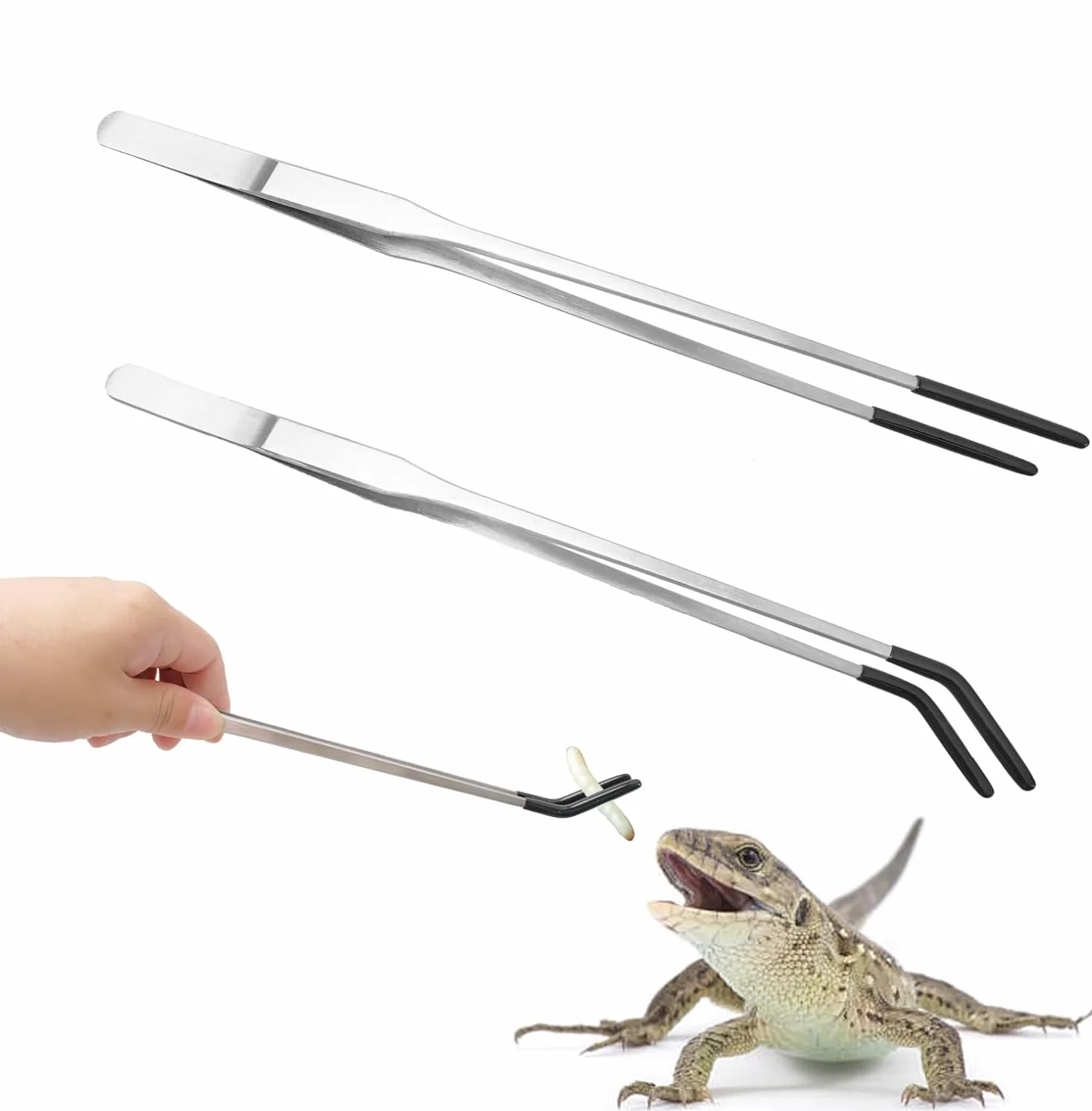 Lot de 2 pinces d'alimentation pour reptiles en acier inoxydable 26,6 cm droites et incurvées pour aquarium terrarium