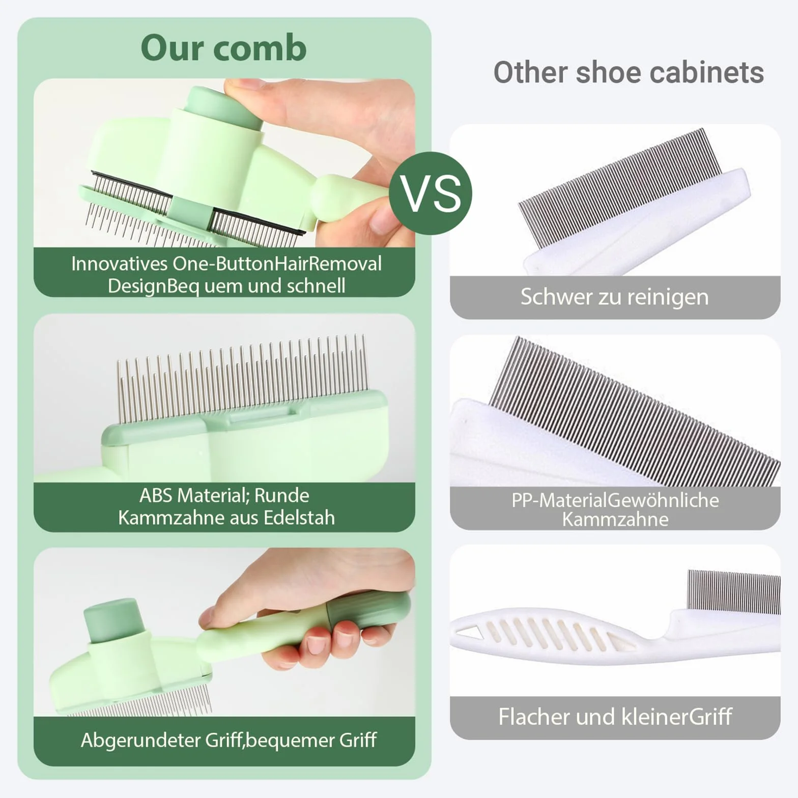 Peigne Autonettoyant pour Chats - Brosse Anti-Puces à Bouton Déverrouillage, Élimine Poils Morts & Nœuds, pour Poils Courts/Longs, 1 Pièce (Vert)