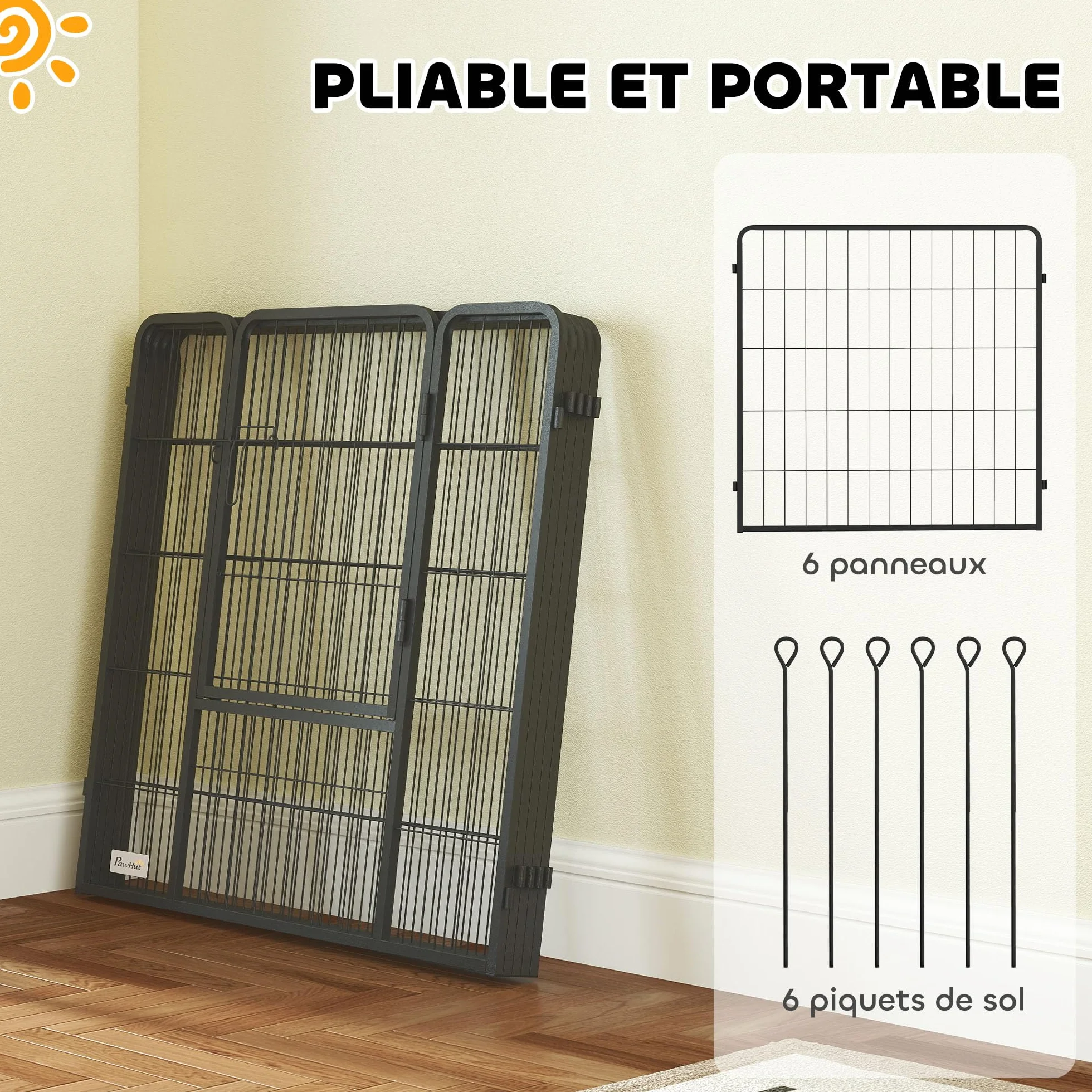 PawHut Parc pour Chien 6 Panneaux modulable Pliable en Acier 80H cm avec Porte Gris