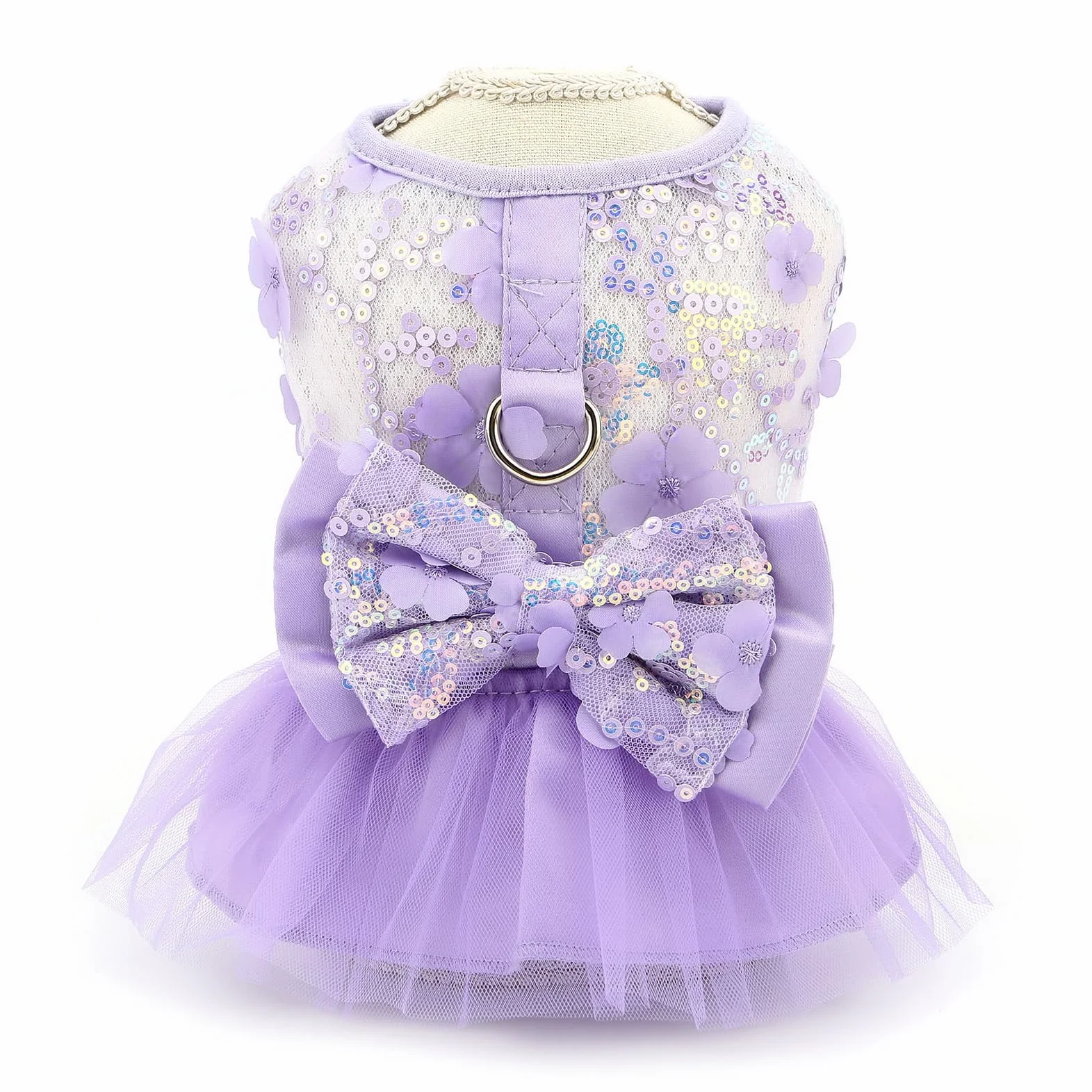 Robe à motif floral pour petit chien et fille avec anneau en D et nœud en dentelle