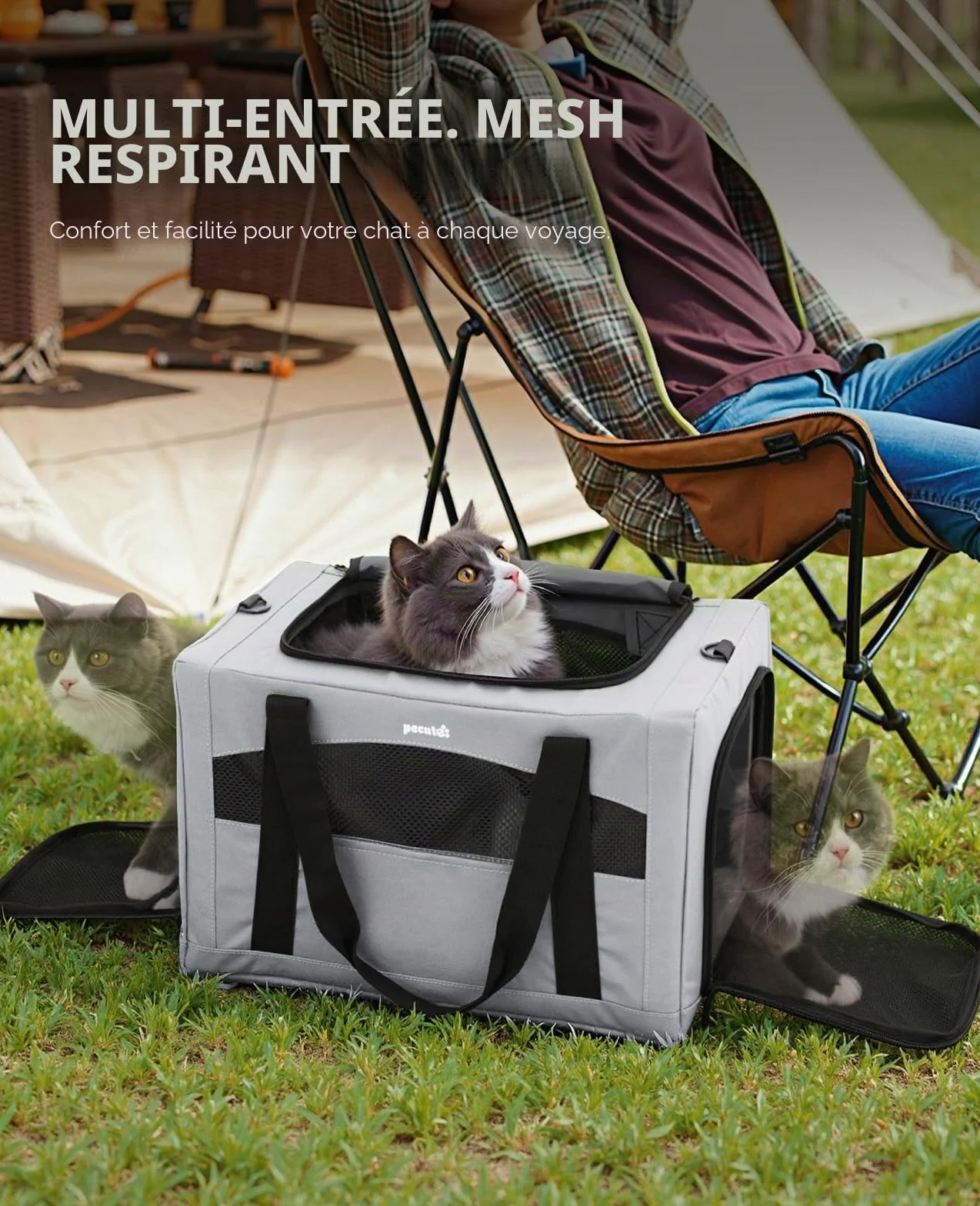 Pecute Sac de Transport pour Chat Pliable Ultra Stable Gris Voyage Chien Portable