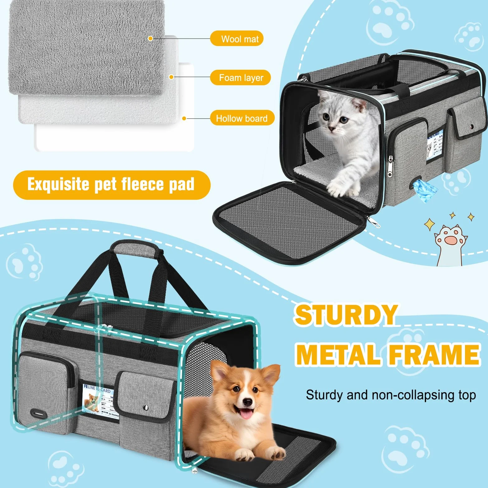 TEUEN Sac Transport Chat Chien Approuvé Aviation Pliable 9kg Tissu Oxford 600D Matelas Amovible Lavable Laisse Sécurité Voyage