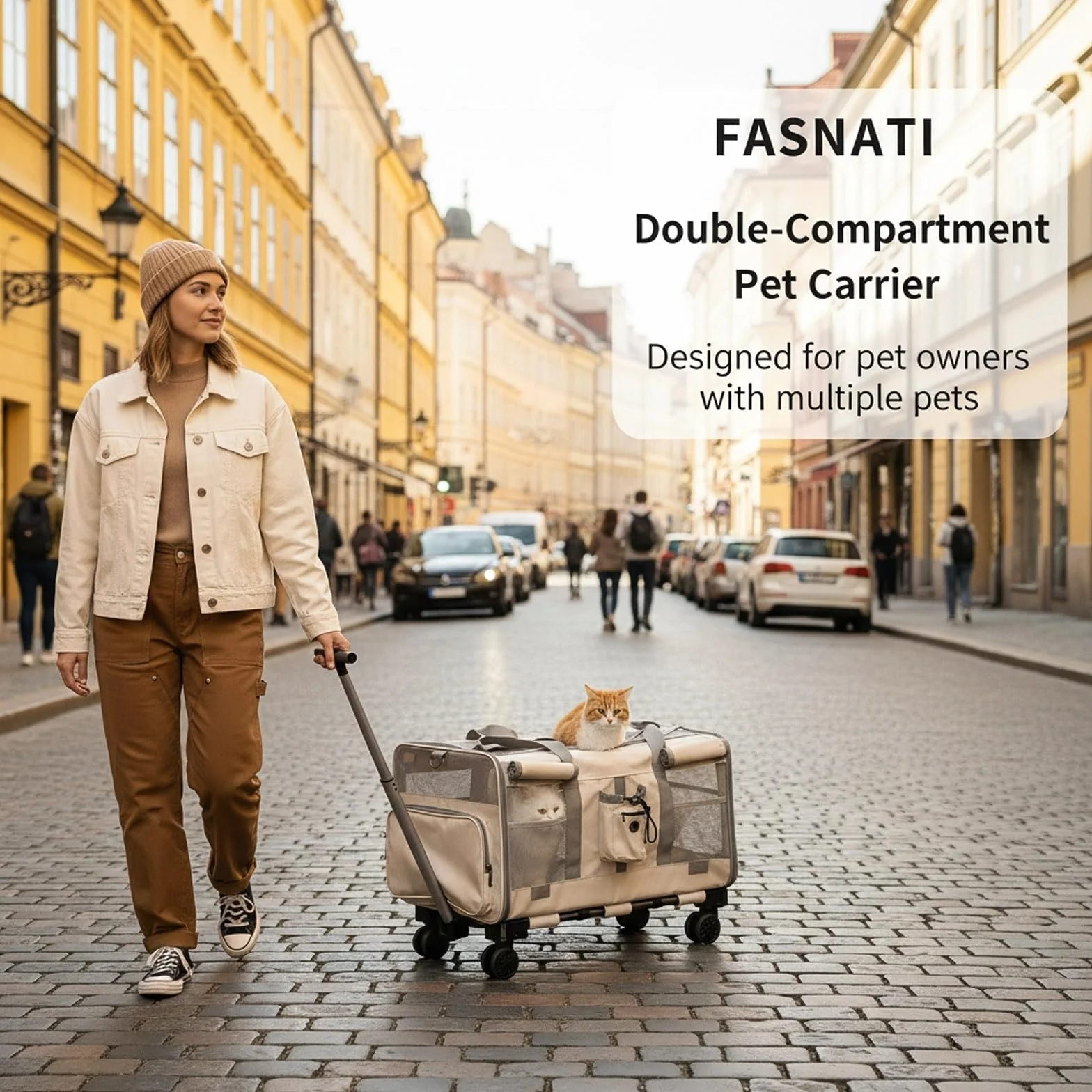 Grand sac de transport pour chats pliable sur roues 2-en-1 avec baguette magique
