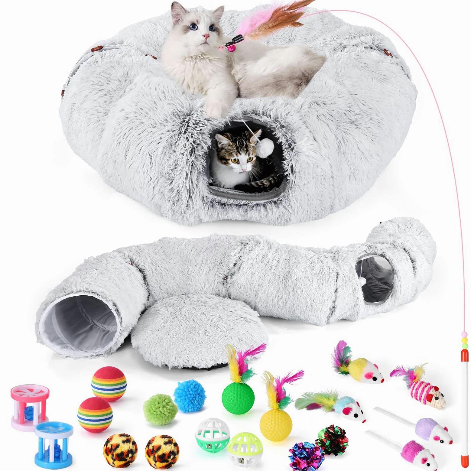 Odoland Tunnel Chat avec lit Coussin, Multifonctionnel Tunnel pour Chat Donut Interieur avec Jouets-Gris