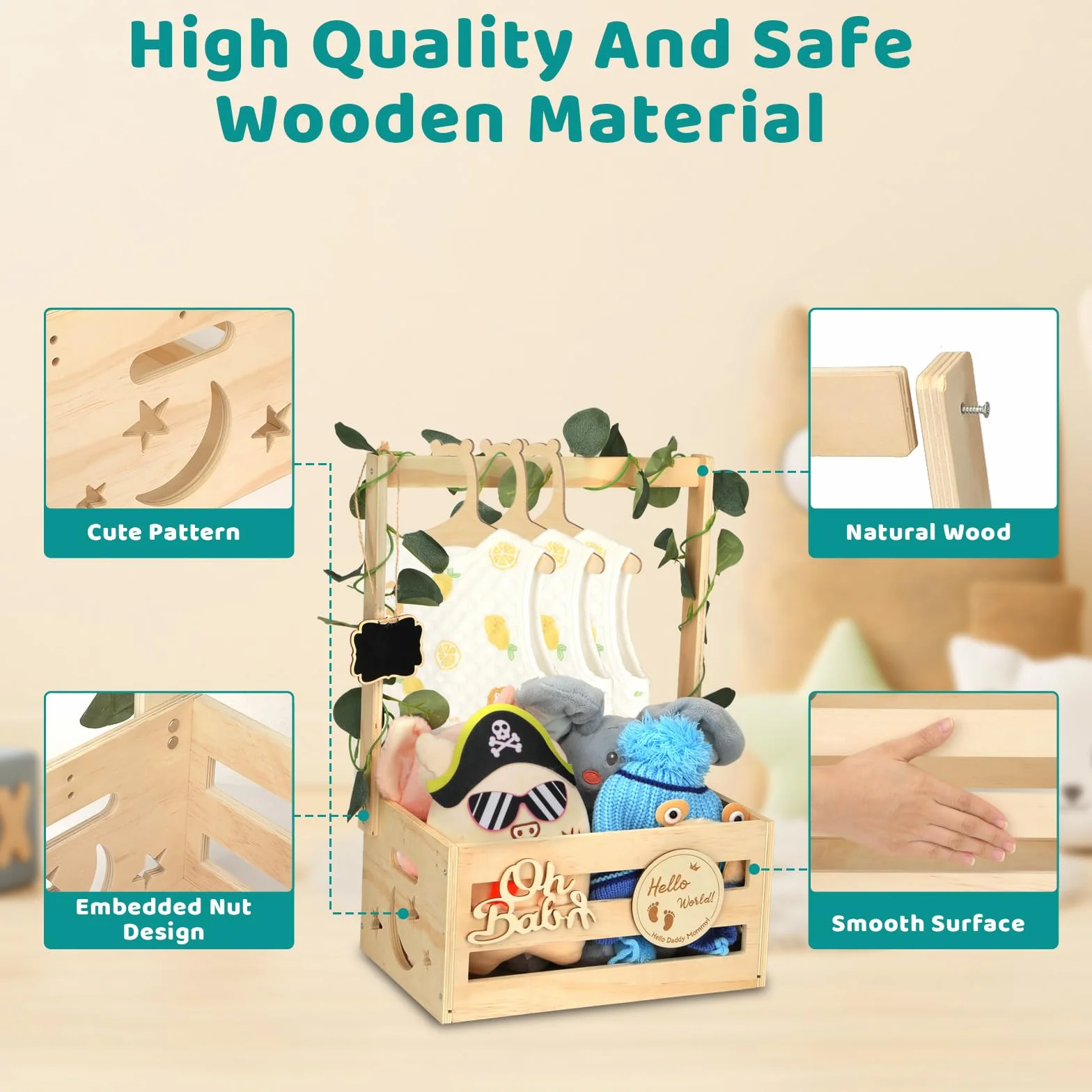 Panier Cadeau En Bois avec Poignée, Rangement Bébé 6 Cintres, Caisse en Bois Baby Shower