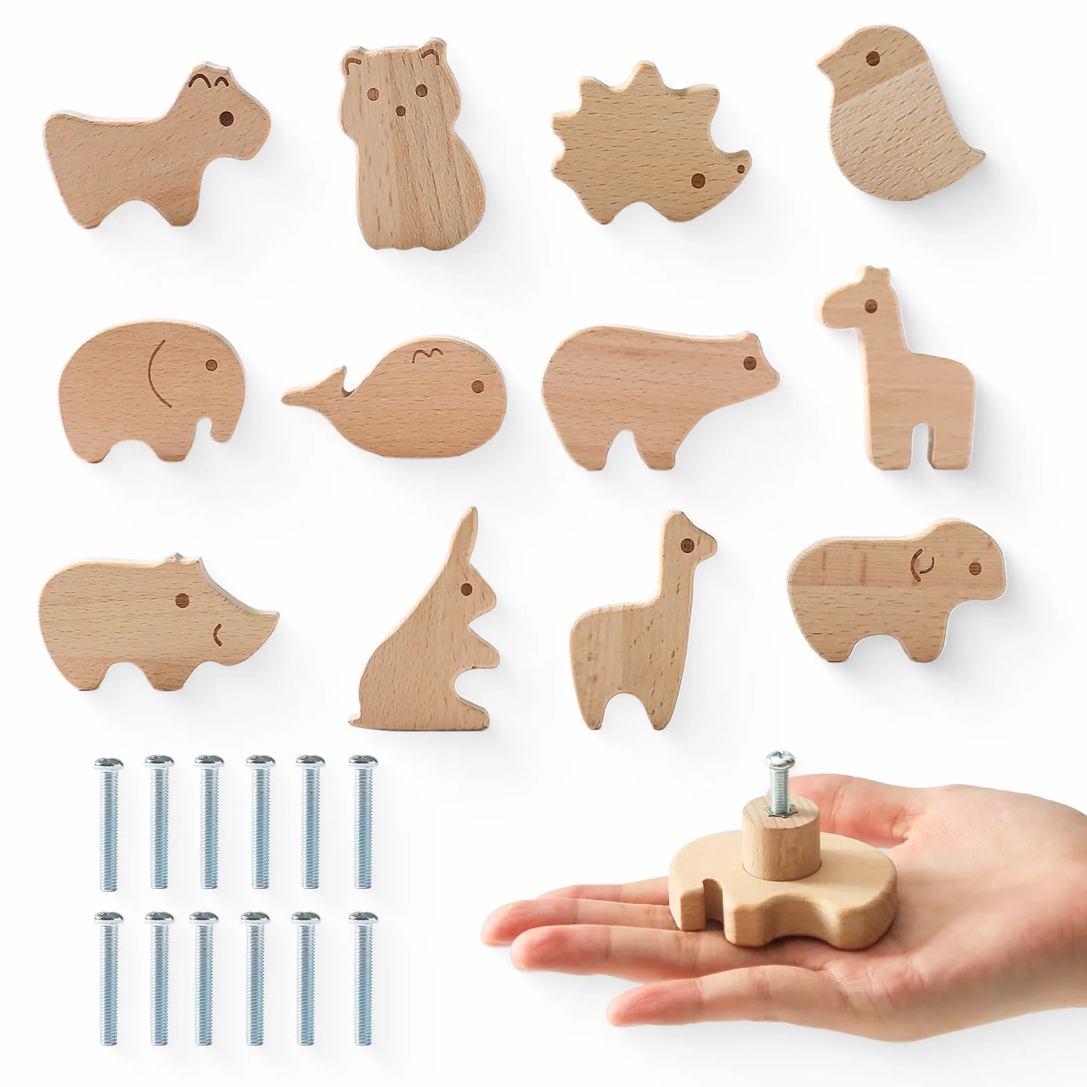 OESSUF Lot de 12 boutons d'armoire en bois pour enfant, Poignée de meuble en forme d'animal