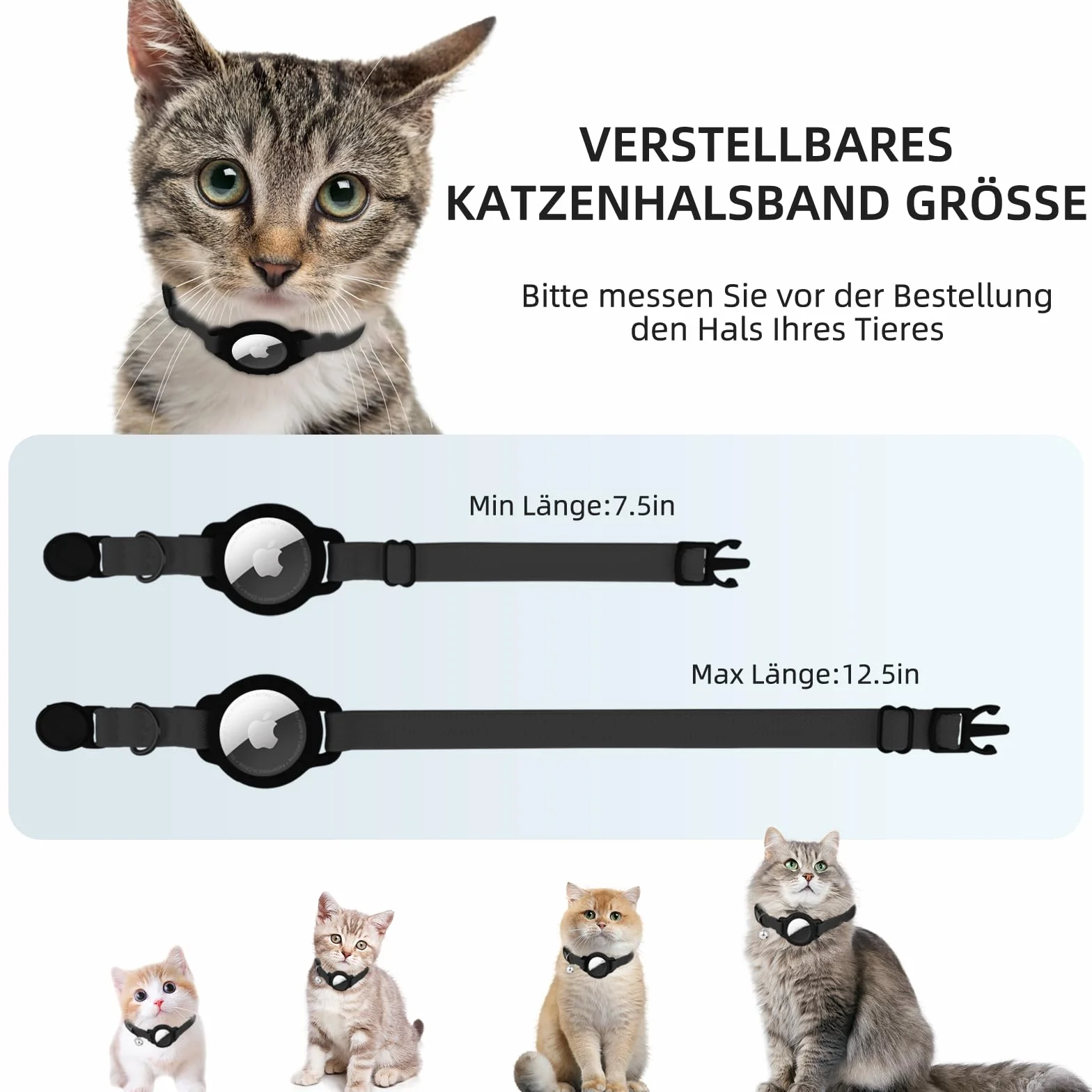 Collier Chat Airtag Extensible avec Protecteur et Cloche Noir