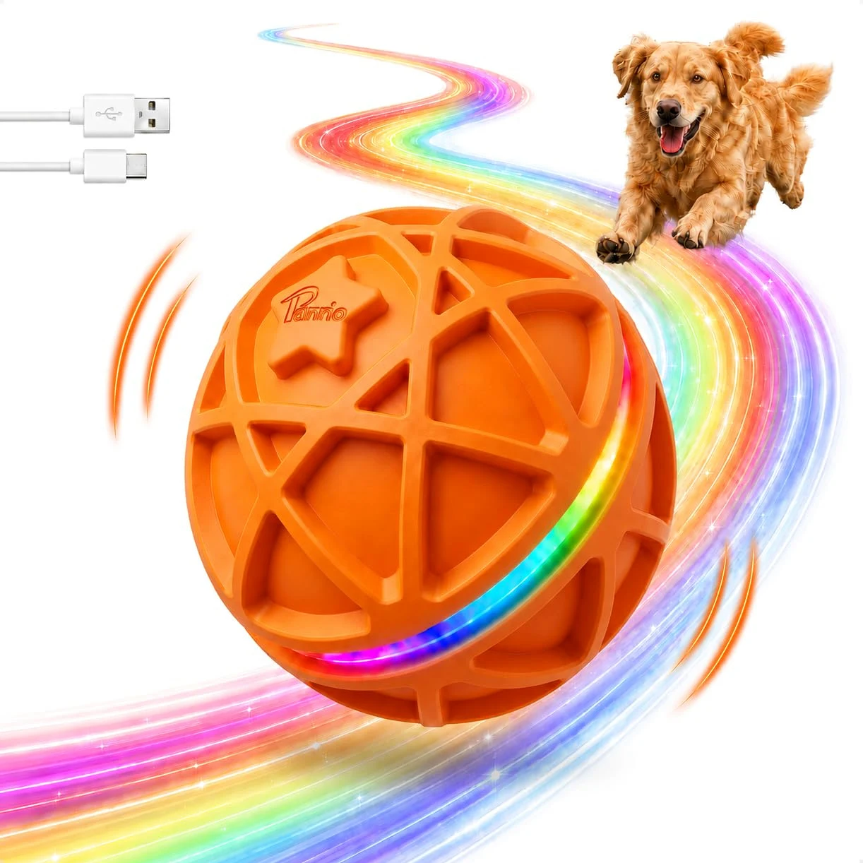 Balle interactive pour chien, jouet automatique activé par le mouvement, rebondit et rotatif avec lumières RVB, caoutchouc robuste, rechargeable 700 mAh, coque IPX7 pour chiot, chiens de taille