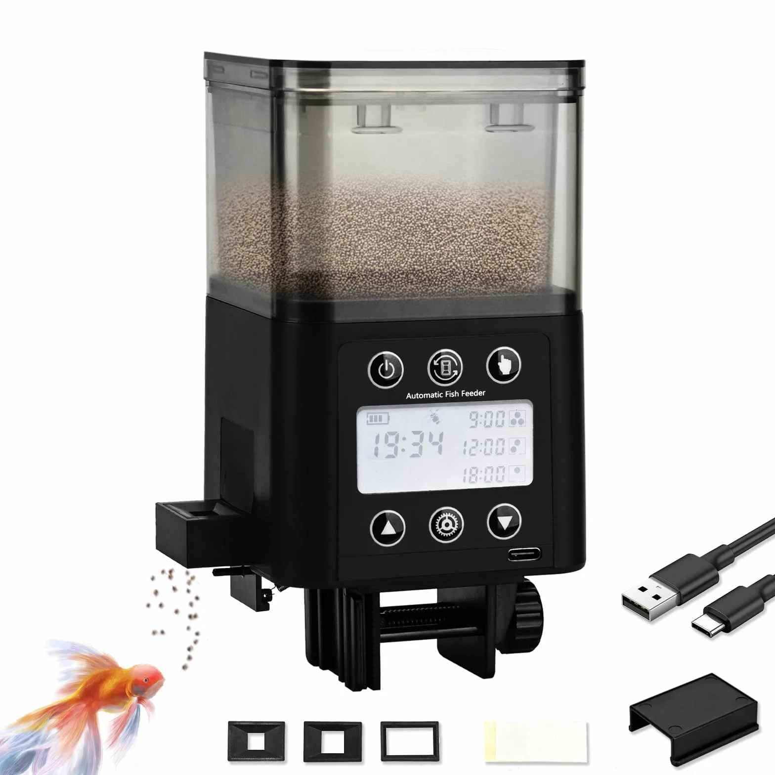 Mangeoire Automatique pour Poissons Minuteur Rechargeable avec écran LCD 320ml Anti-humidité
