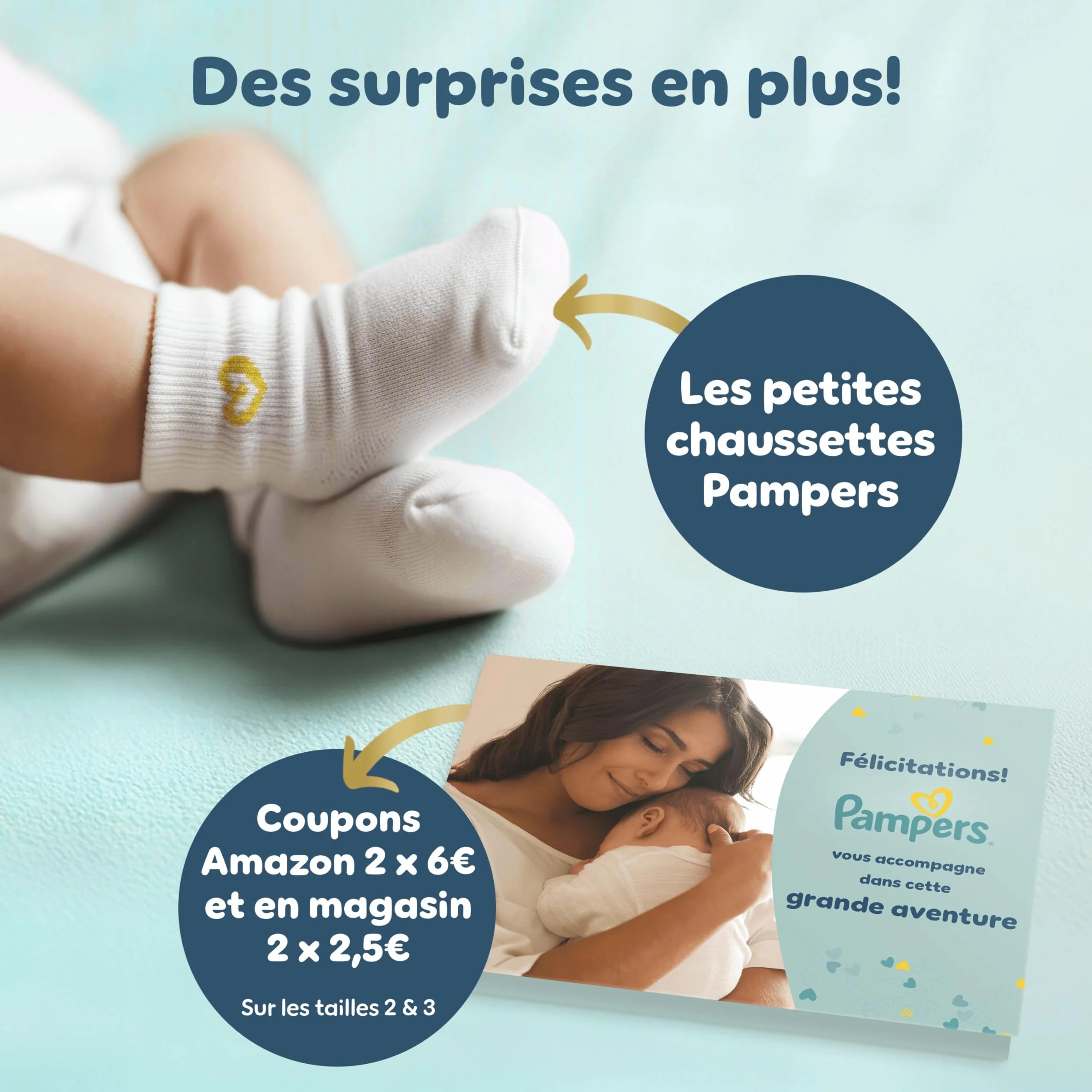 PAMPERS Coffret Cadeau Naissance 2 Packs Couches Premium Protection Taille 1 Lingettes Aqua Soft Touch Chaussettes Bébé