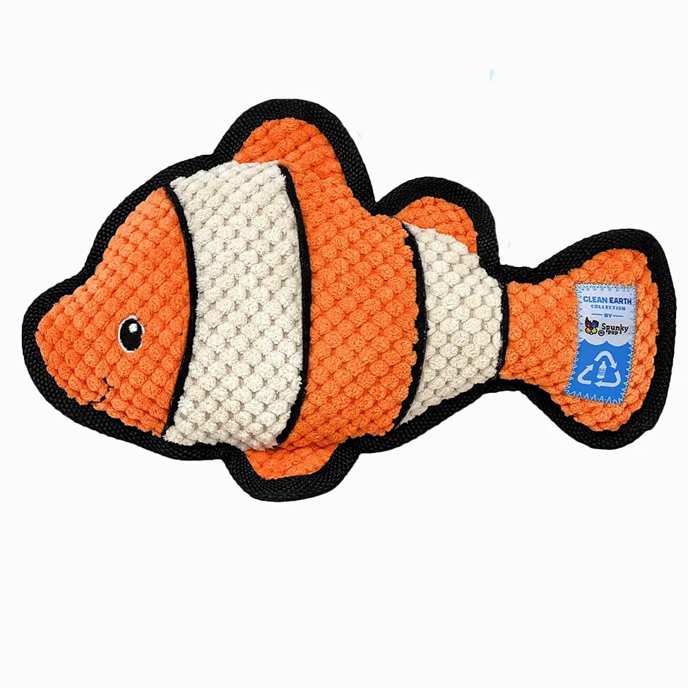 Spunky pup Clean Earth Jouet en peluche pour chien avec couineur – Recyclé, respectueux de l'environnement, flotteur pour la plage, le lac, la piscine – Poisson clown