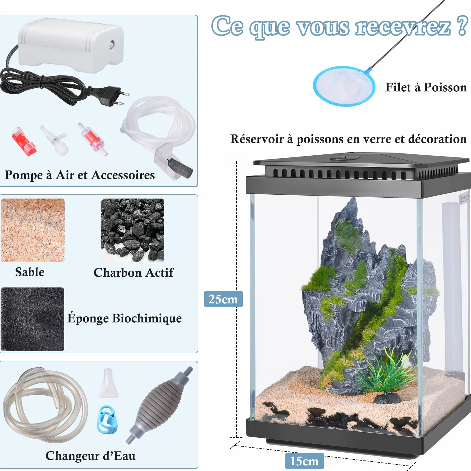 Kit Aquarium en Verre 4L, Réservoir Betta avec Pompe à Air et LumièRe LED