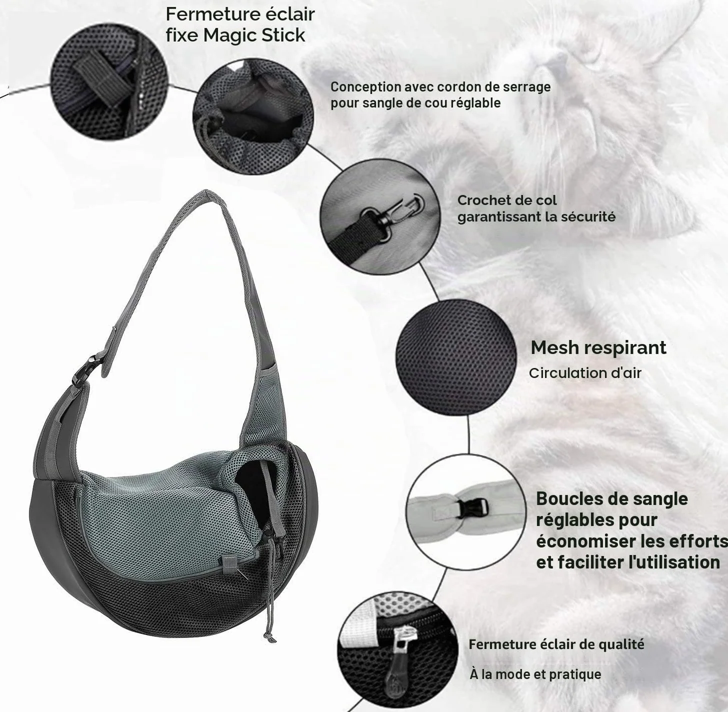 Sac de Transport Chien Réglable Sac à Bandoulière pour Chat Chiot Voyage Petits Animaux avec Pochette Filet Respirant