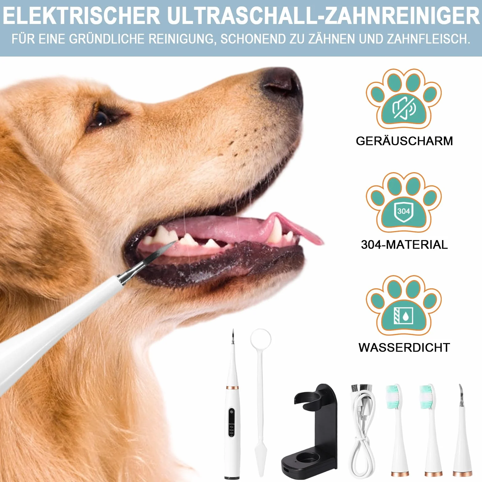Detartreur Dentaire Ultrasonique pour Chien et Chat - Kit 5 en 1 Ultra Edition, 31K Vibrations/min, 4 Embouts, USB-C, Autonomie 30 Jours, Étanche IPX6