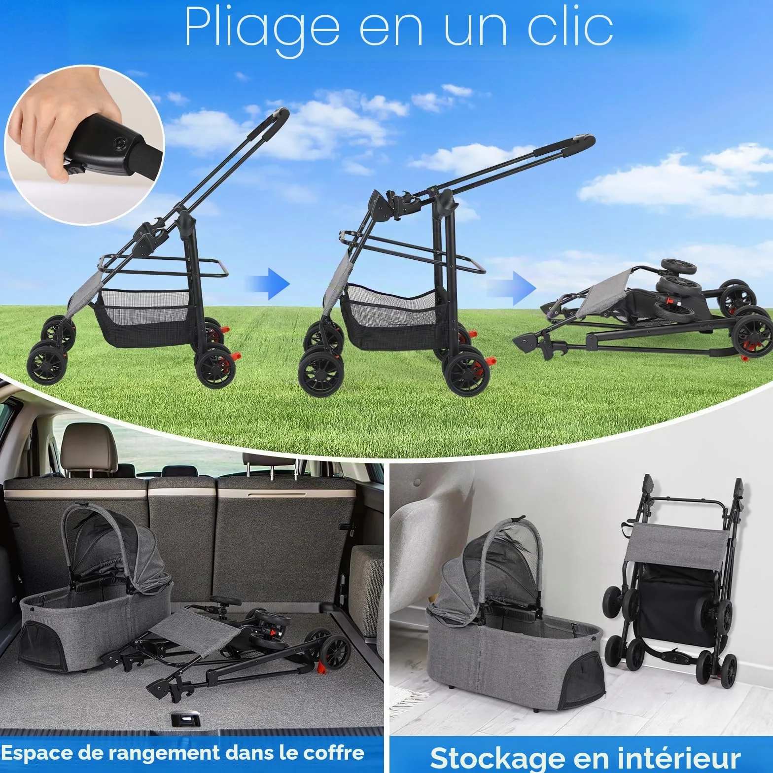 MAMIZO Poussette pour chien 3 en 1, jusqu'à 20 kg, 4 paires de roues doubles à 360 °, livrée avec un sac à bandoulière, poussette pliable pour chiens de petite/moyenne taille et chats, Gris