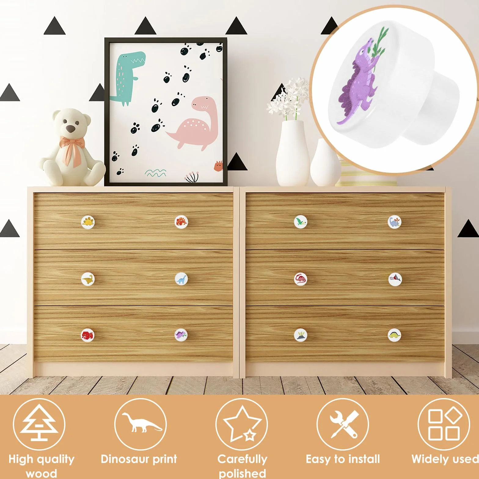 Lot de 12 boutons d'armoire en bois 35 mm motif dinosaure poignées décoratives pour meubles chambre enfant