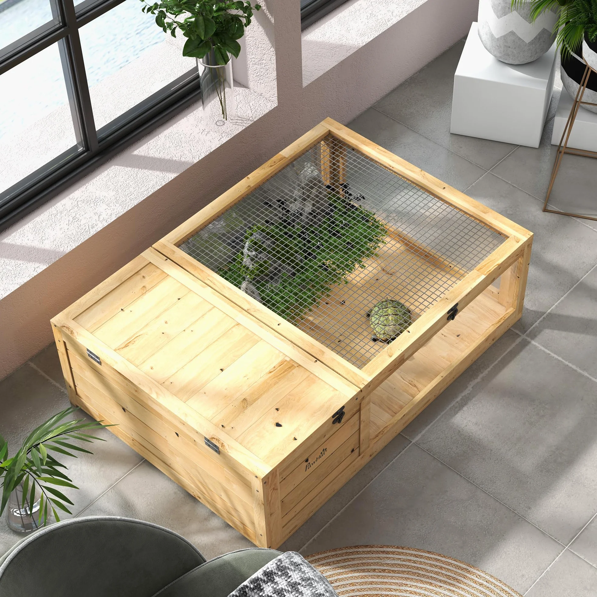 PawHut Maison pour Tortues de Terre avec Espace modulable 91x60,5x32cm Jaune Clair
