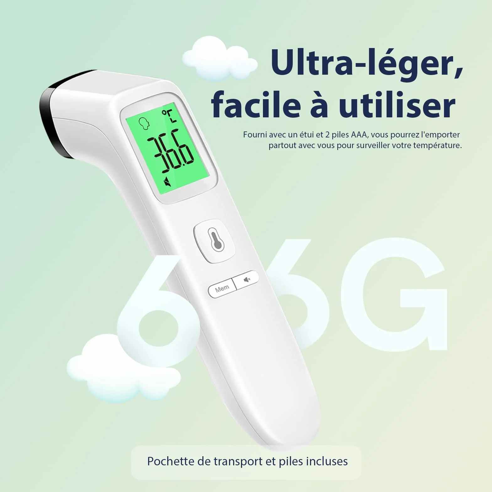 Thermomètre Frontal Sans Contact Infrarouge Médical Numérique pour Adultes et Bébé avec Écran LCD, Mode Muet, Mémoire