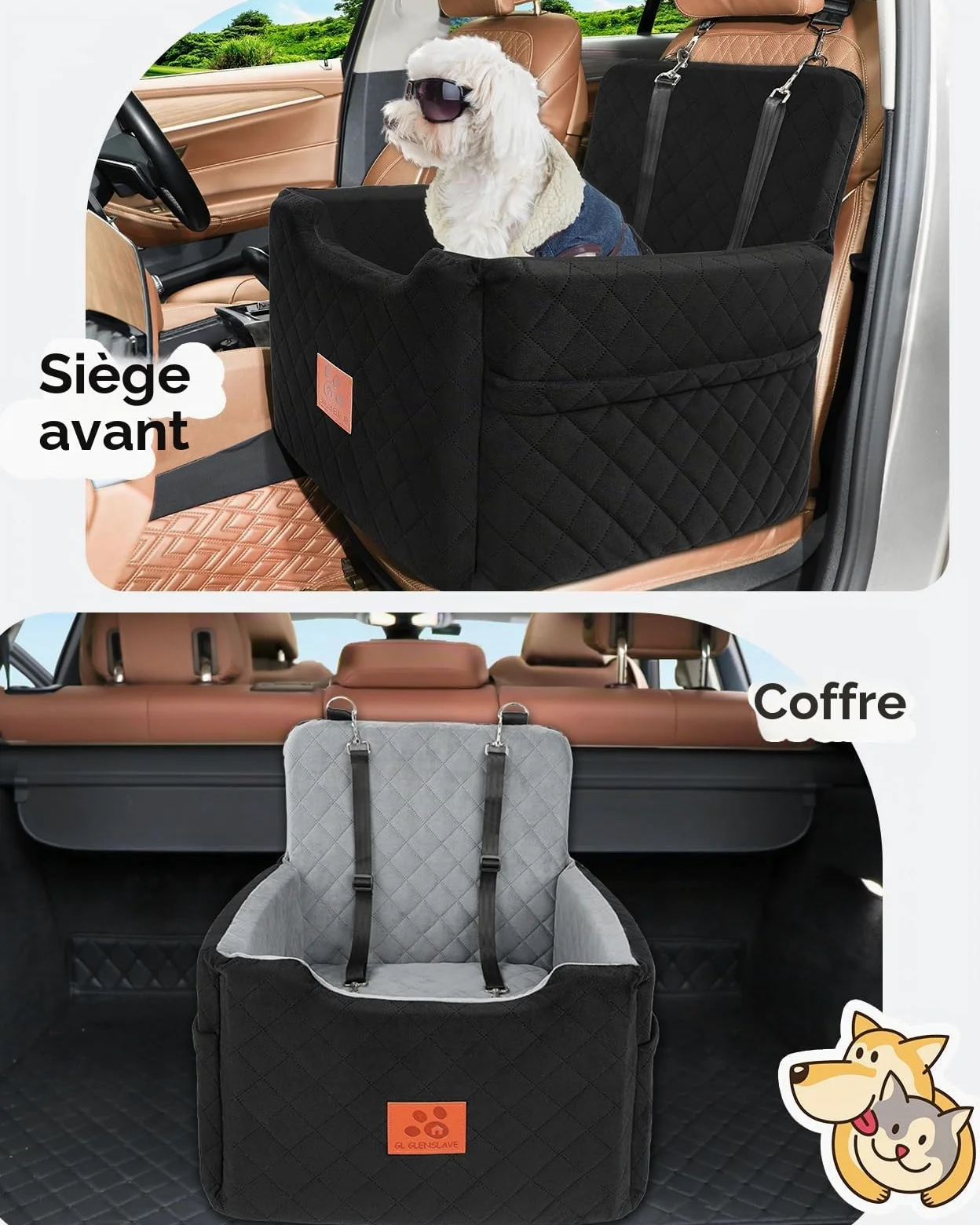 GL GLENSLAVE Siège auto pour chiens de petite et moyenne taille de moins de 15,9 kg, siège rehausseur en mousse à mémoire de forme, amovible et lavable, lit pour chien avec 2 ceintures de sécurité