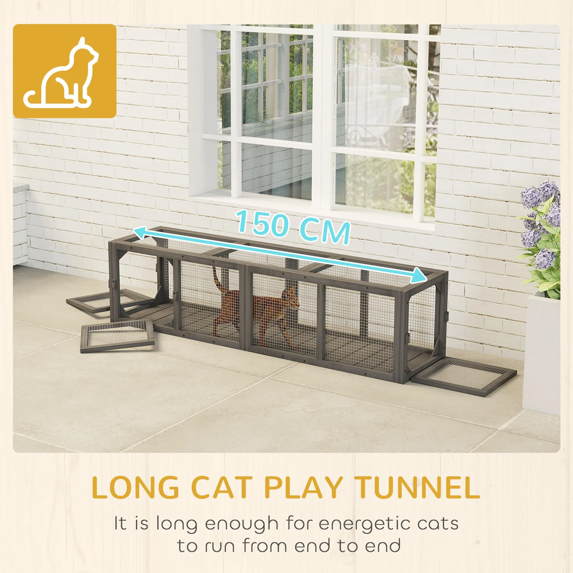 PawHut Tunnel pour Chat d'extérieur 150 cm Enclos de Jeu en Bois Parc Extensible avec 3 Portes pour Chatons Chiots Gris