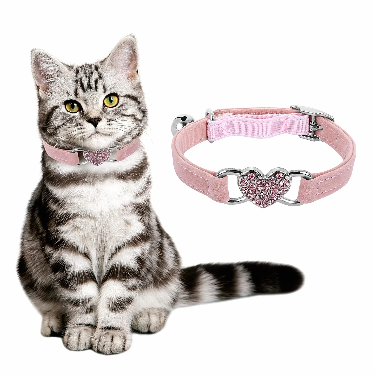 Collier de chat en forme de cœur avec clochette réglable, collier strass pour petit chien chat rose