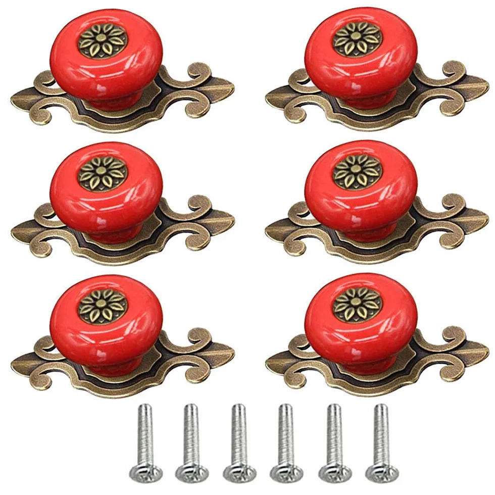 POFET Lot de 6 boutons ronds en céramique pour tiroir de commode - Rouge