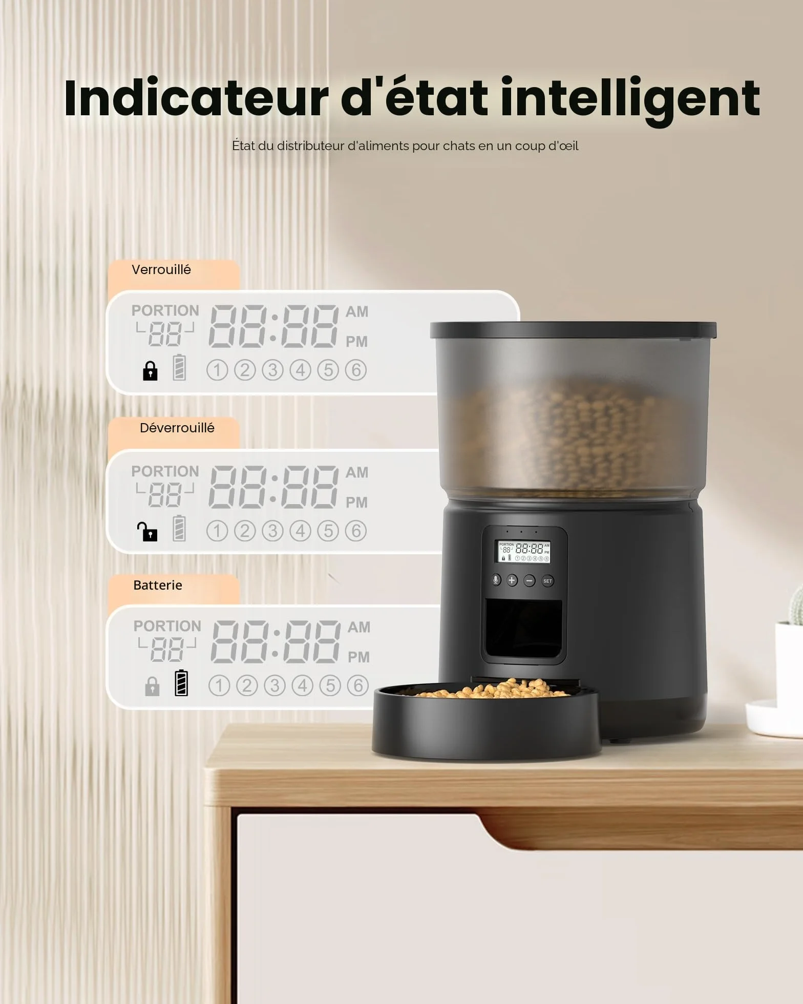 Distributeur Croquettes Chat Automatique avec Minuterie Programmable 1-6 Repas 3L Enregistrement 10s