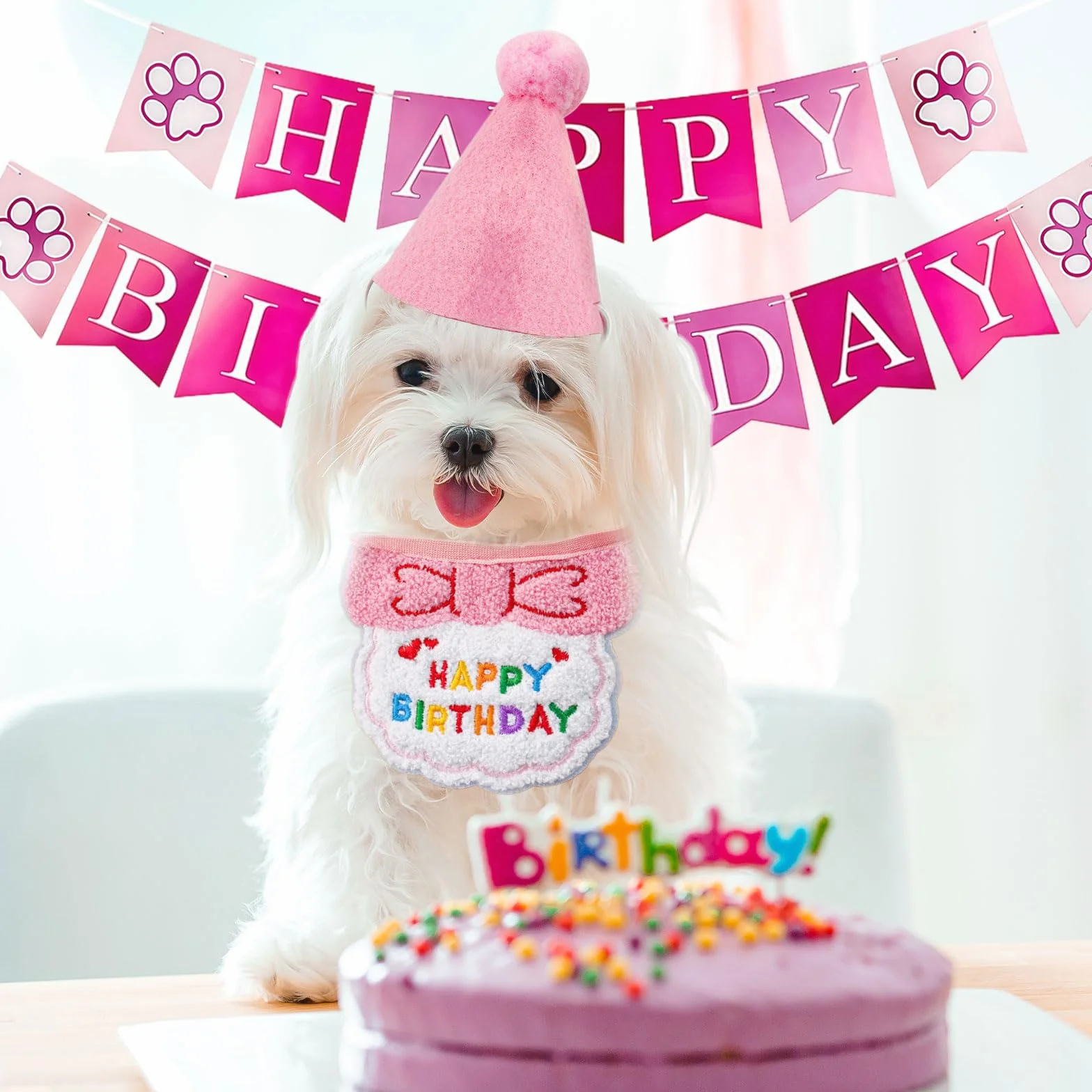 SSKHE 3PCS Chapeau Écharpe Bannière d'anniversaire pour Petit Chien Chat, Fournitures De Fête d'anniversaire pour Kitten, Décorations Kit De Décoration Brodées avec Nœud Papillon (Pink, One Size)