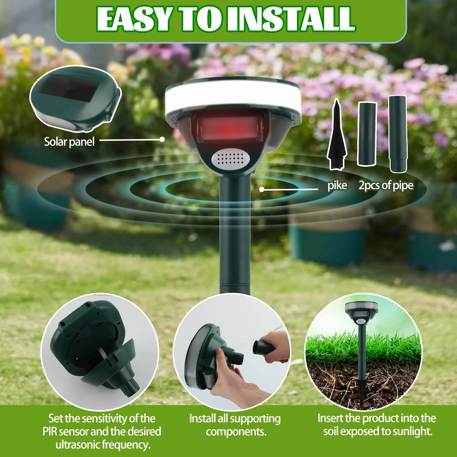 Répulsif pour Chat Solaire Ultrasons IPX4 Anti Martres Chiens Jardin