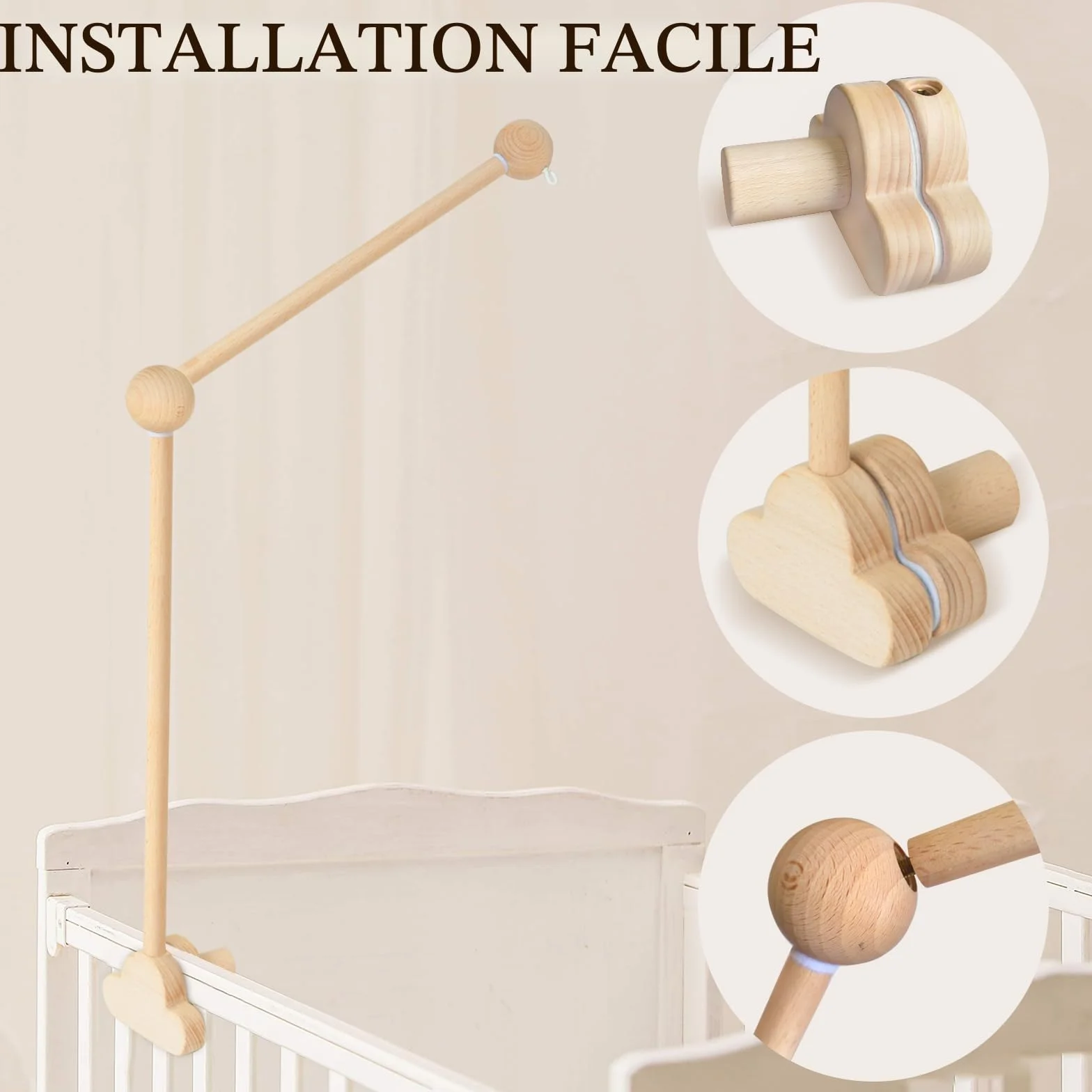 Support Mobile Bebe Bois, Support de Lit Rotatif, Base Nuage, Suspension Carillons pour Lit Enfant et Table à Langer