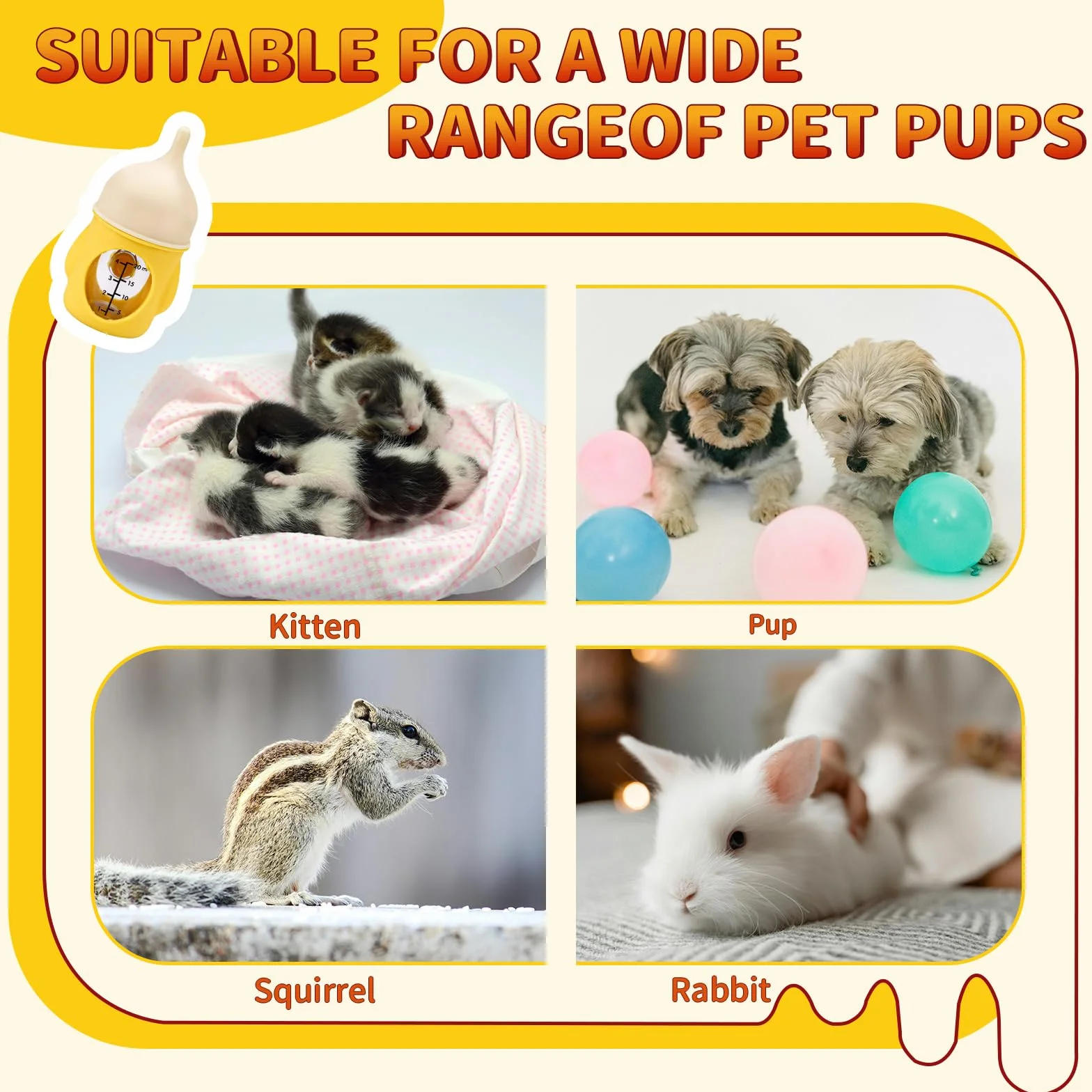 Kit d'alimentation pour chaton en silicone anti-étouffement 20 ml jaune