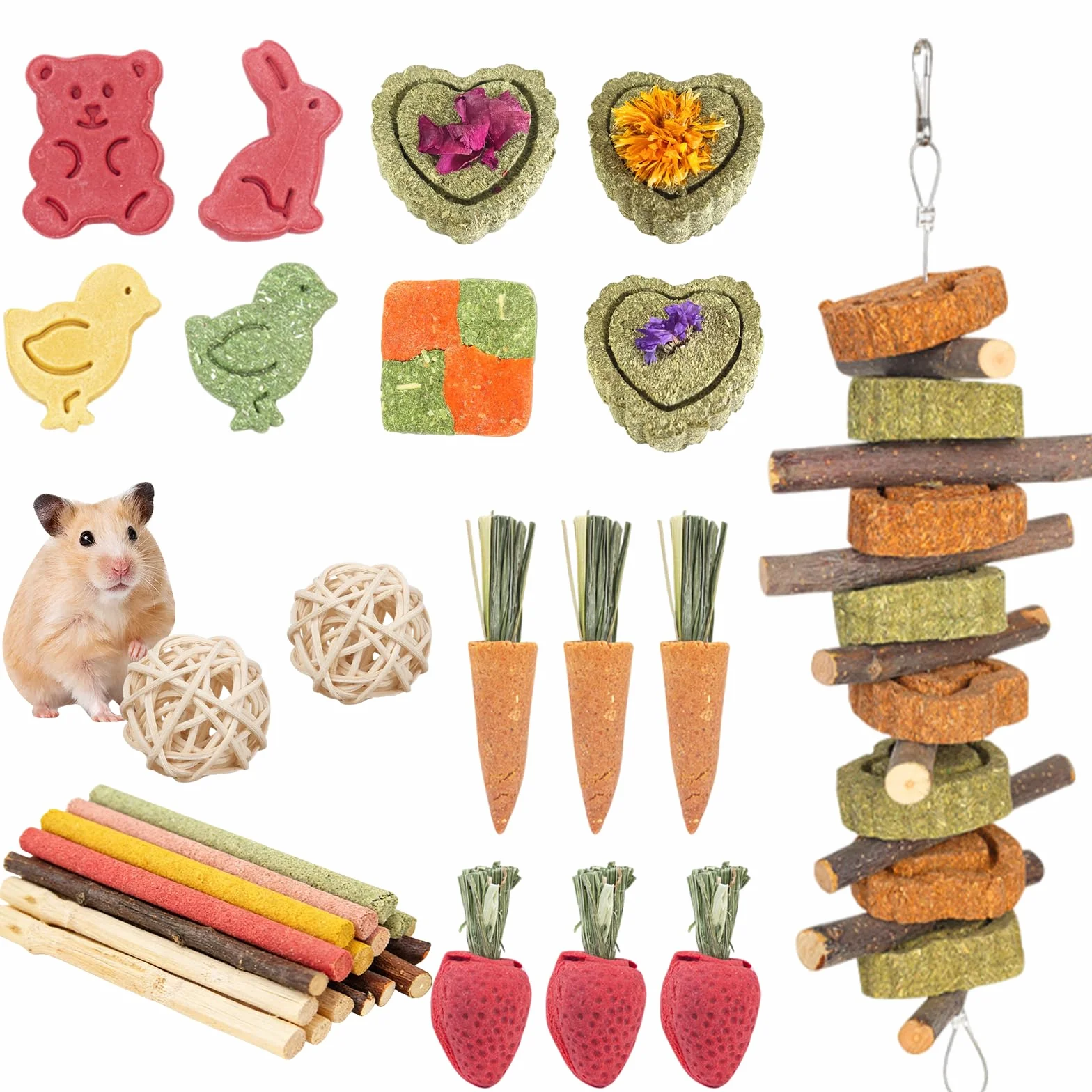 Lot de 42 Jouets pour Lapin, Hamster, Cochon d'Inde et Chinchilla, Bâtonnets de Foin de Timothée en Bois de Pomme
