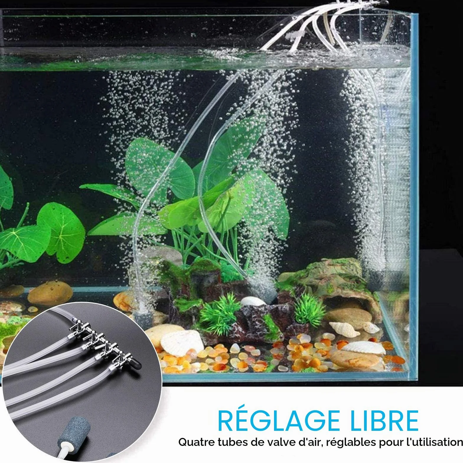 Contrôle du flux d'air pour aquarium, pierres à air, tuyaux 8 m, valves anti-retour, distributeur 4 voies