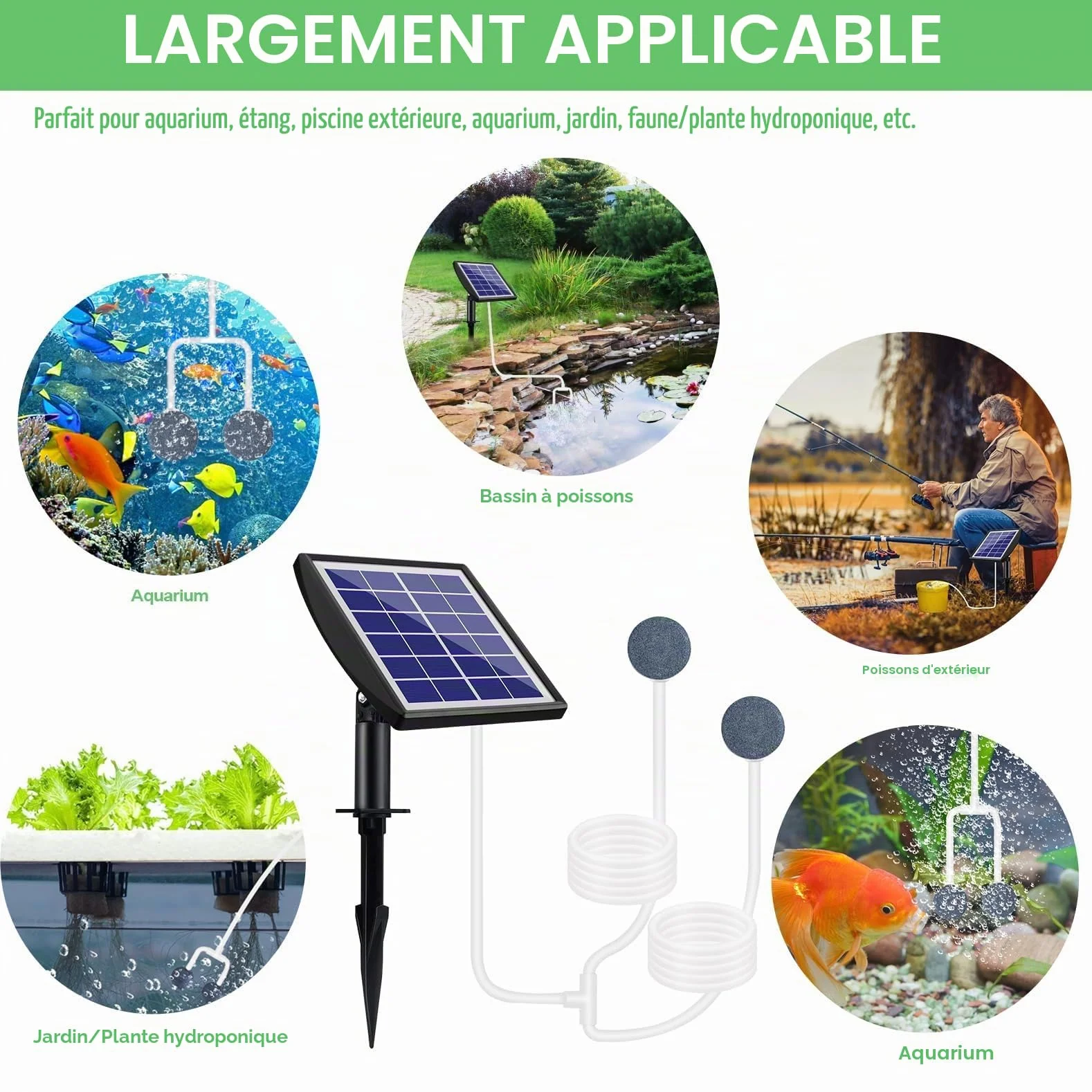 Pompe à air solaire 2 W avec batterie de secours 2200 mAh pour bassin aquarium étang